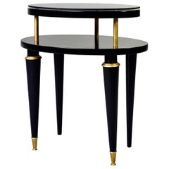 French Art Deco Oval Ebonized Side Table with Brass Trim