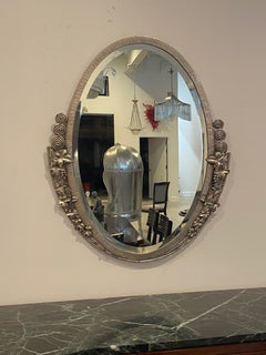French Art Deco Oval Nickel Beveled Mirror