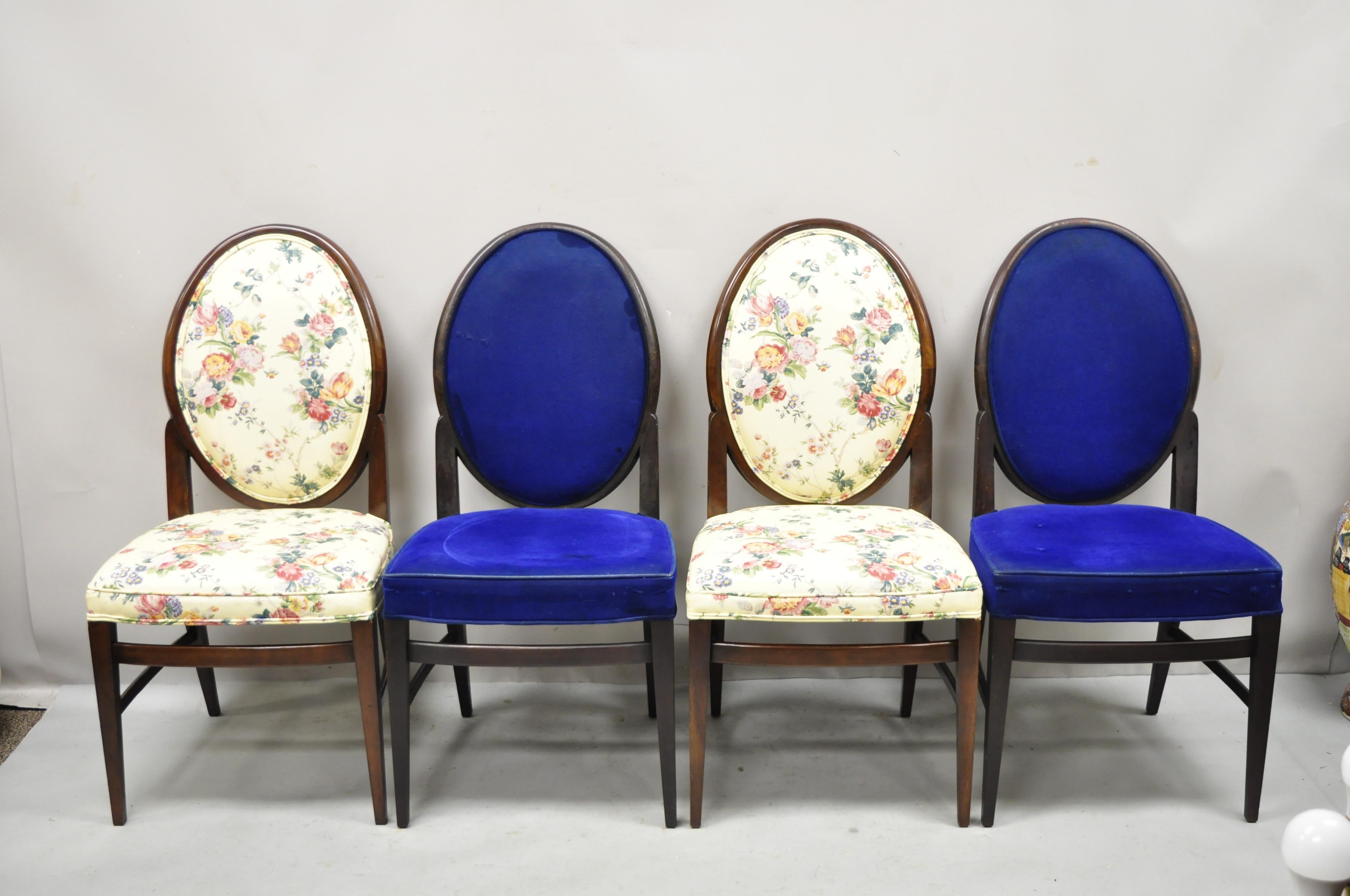 French Art Deco Oval Upholstered Back Mahogany Frame Blue Dining Chairs, a Pair For Sale 2