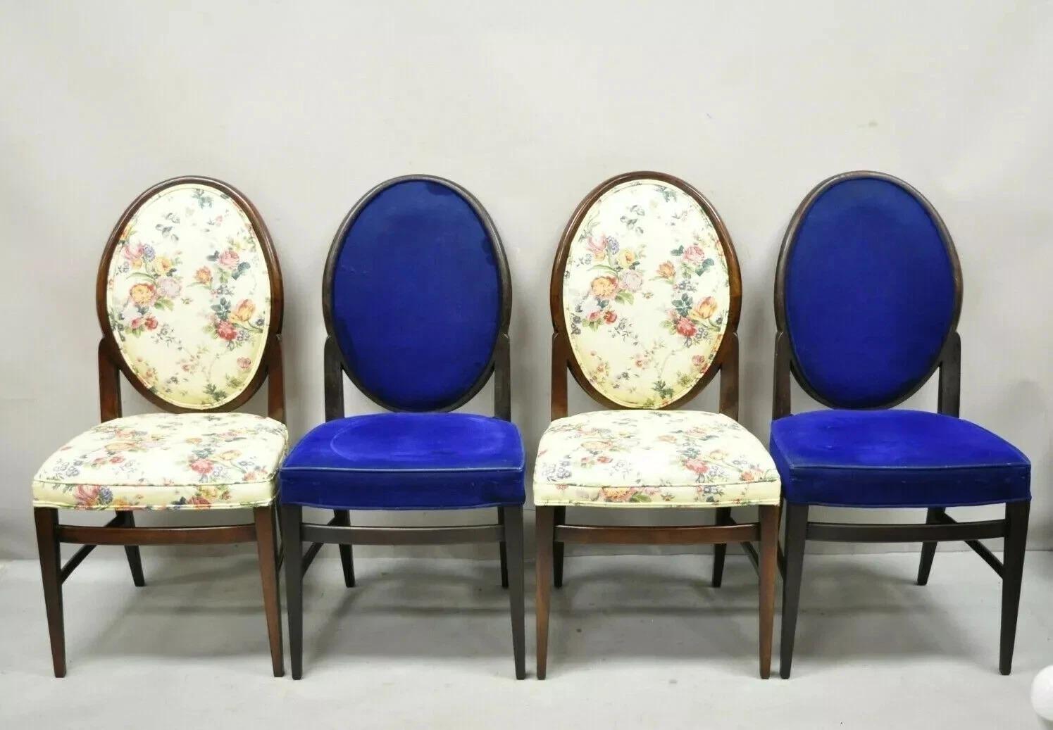 French Art Deco Oval Upholstered Back Mahogany Frame Blue Dining Chairs - a Pair en vente 3