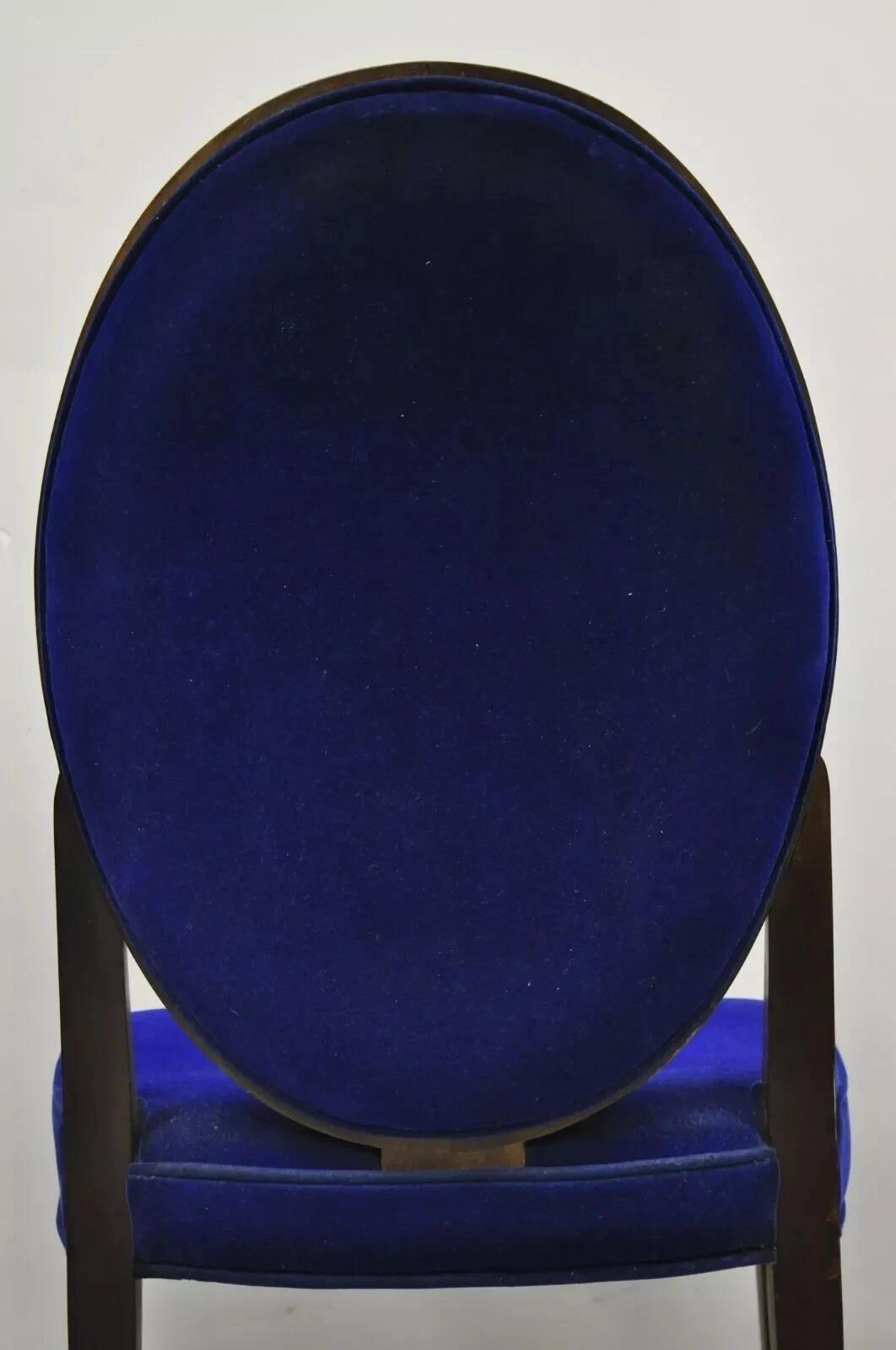 French Art Deco Oval Upholstered Back Mahogany Frame Blue Dining Chairs - a Pair en vente 4