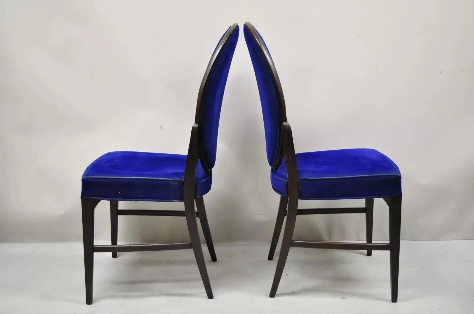 French Art Deco Oval Upholstered Back Mahogany Frame Blue Dining Chairs - a Pair en vente 5