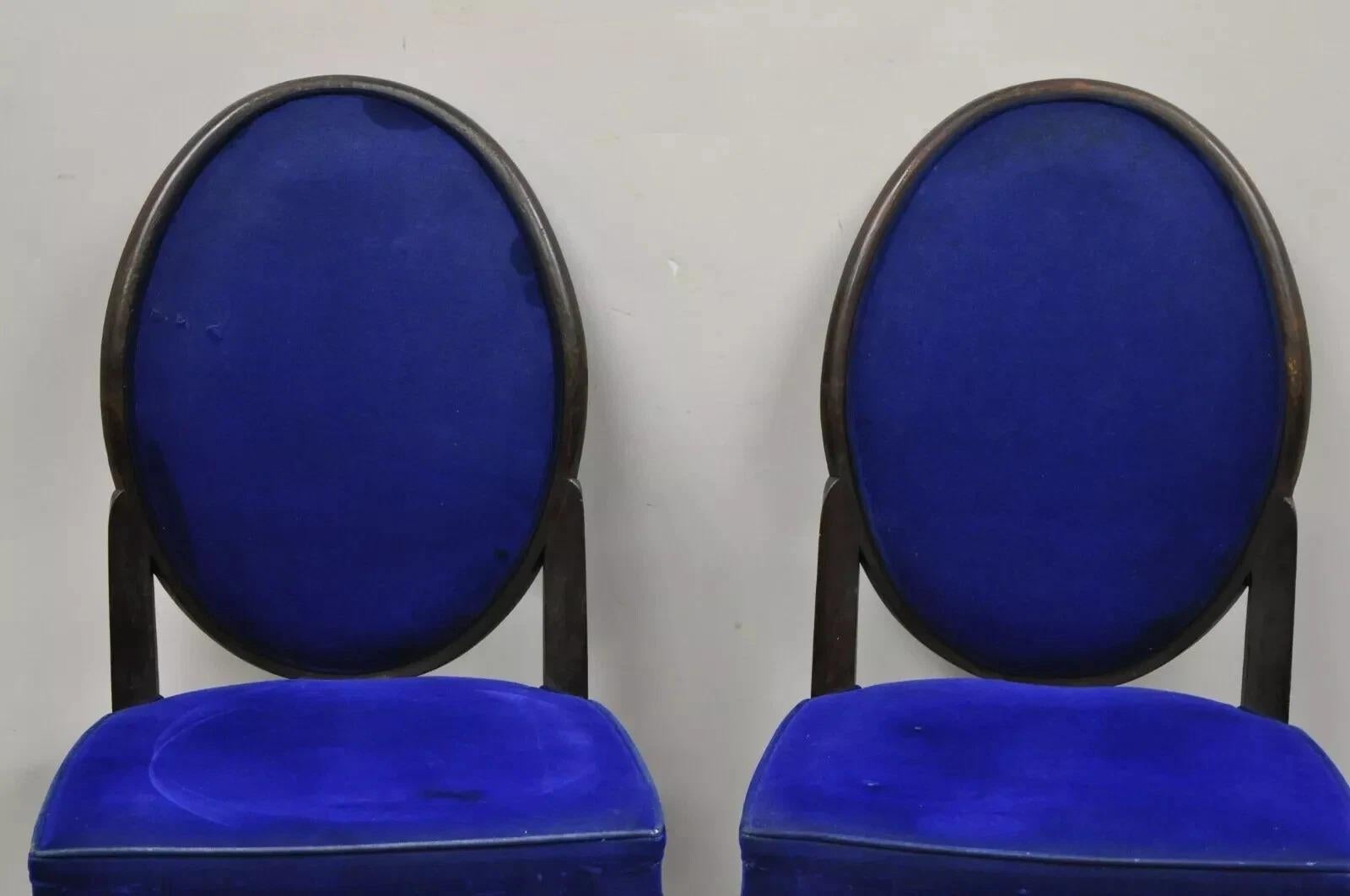 Art déco French Art Deco Oval Upholstered Back Mahogany Frame Blue Dining Chairs - a Pair en vente