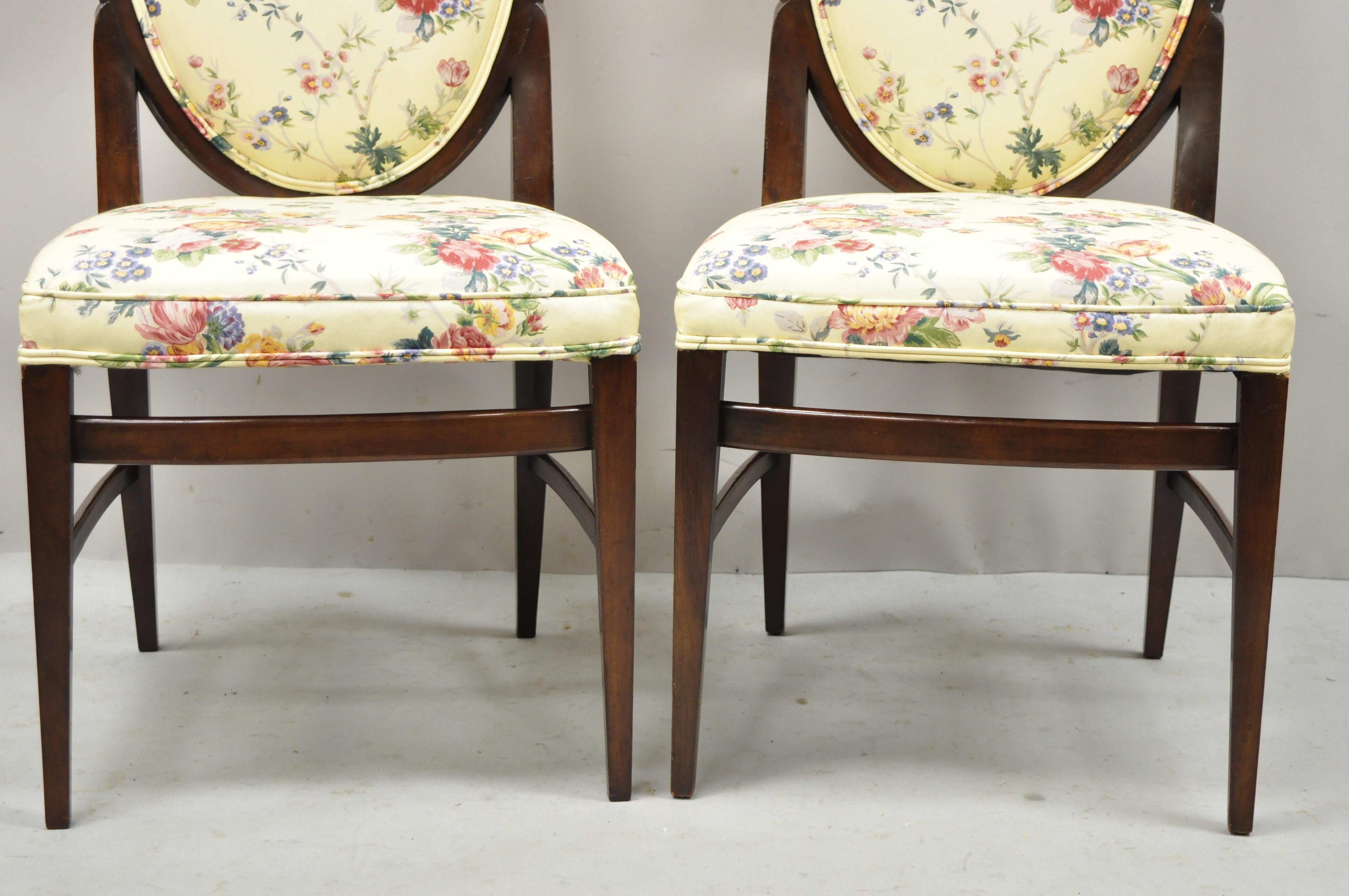 French Art Deco Oval Upholstered Back Mahogany Frame Blue Dining Chairs, a Pair In Good Condition For Sale In Philadelphia, PA
