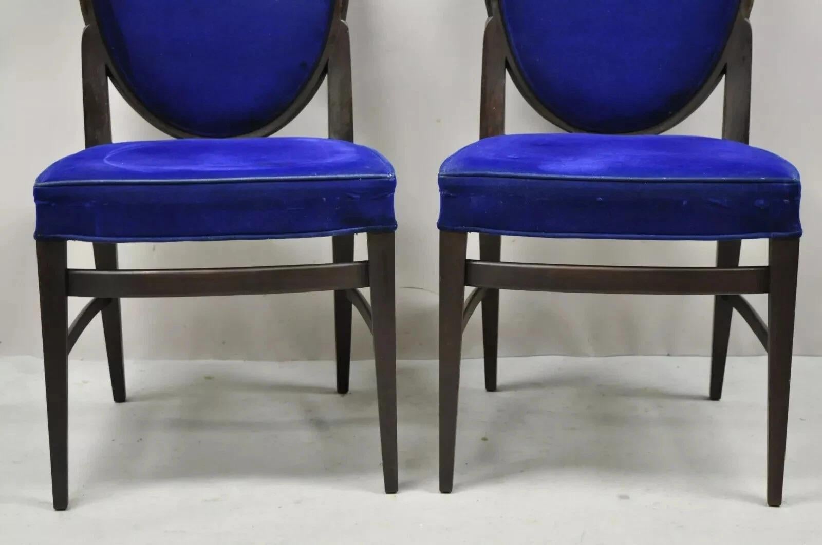 Inconnu French Art Deco Oval Upholstered Back Mahogany Frame Blue Dining Chairs - a Pair en vente