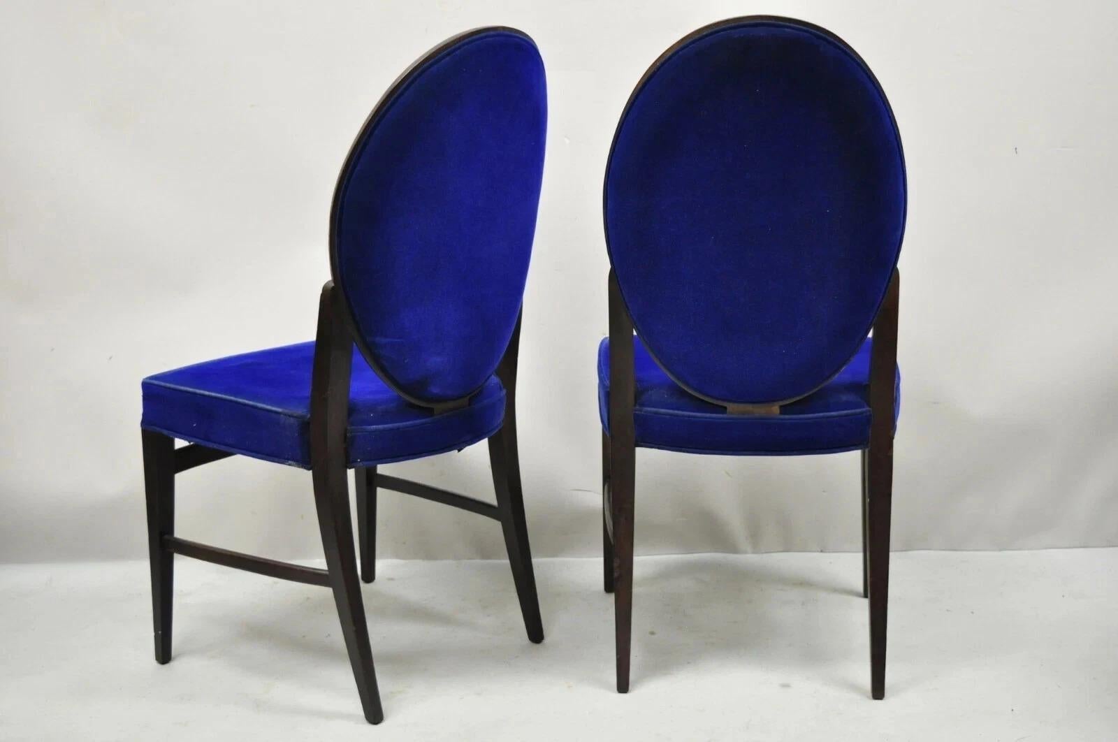 French Art Deco Oval Upholstered Back Mahogany Frame Blue Dining Chairs - a Pair Bon état - En vente à Philadelphia, PA