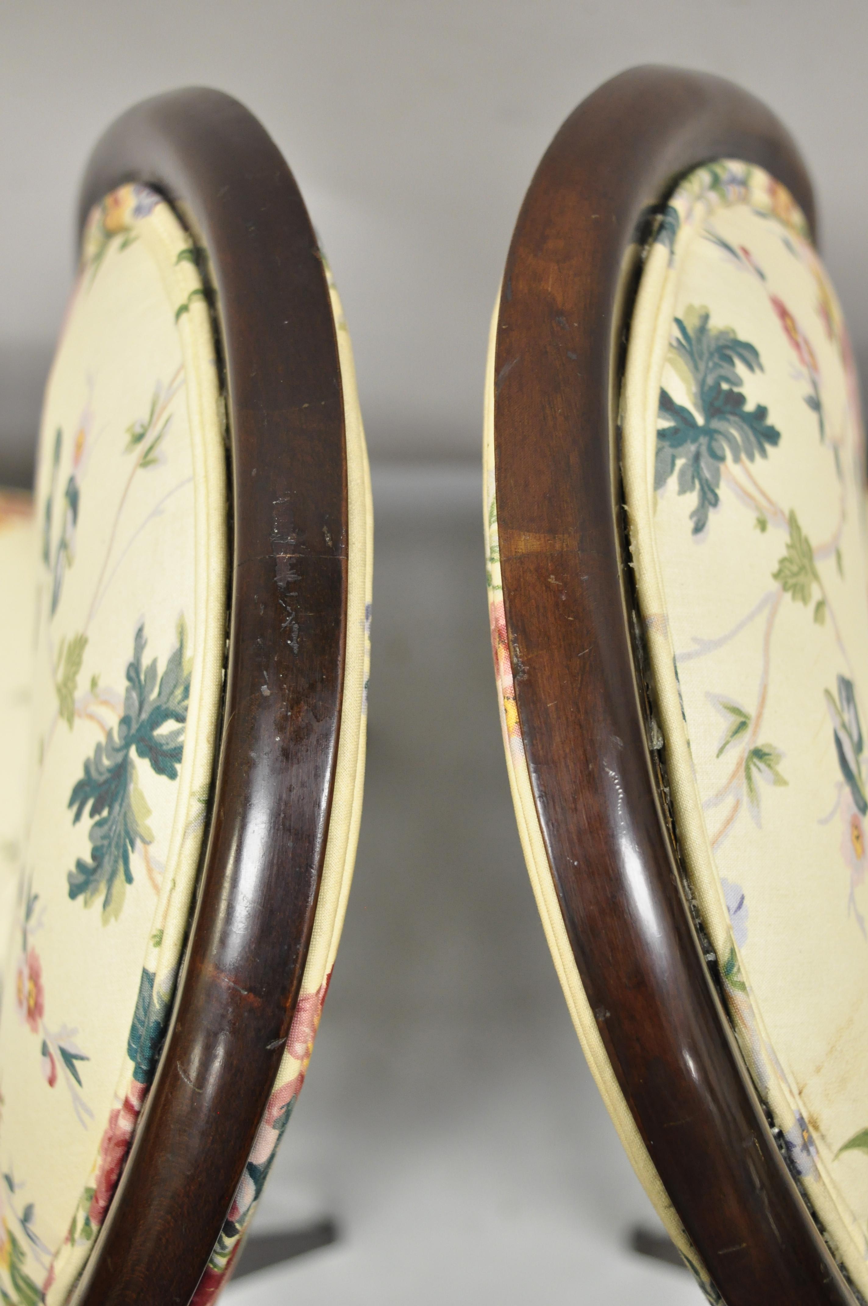Fabric French Art Deco Oval Upholstered Back Mahogany Frame Blue Dining Chairs, a Pair For Sale