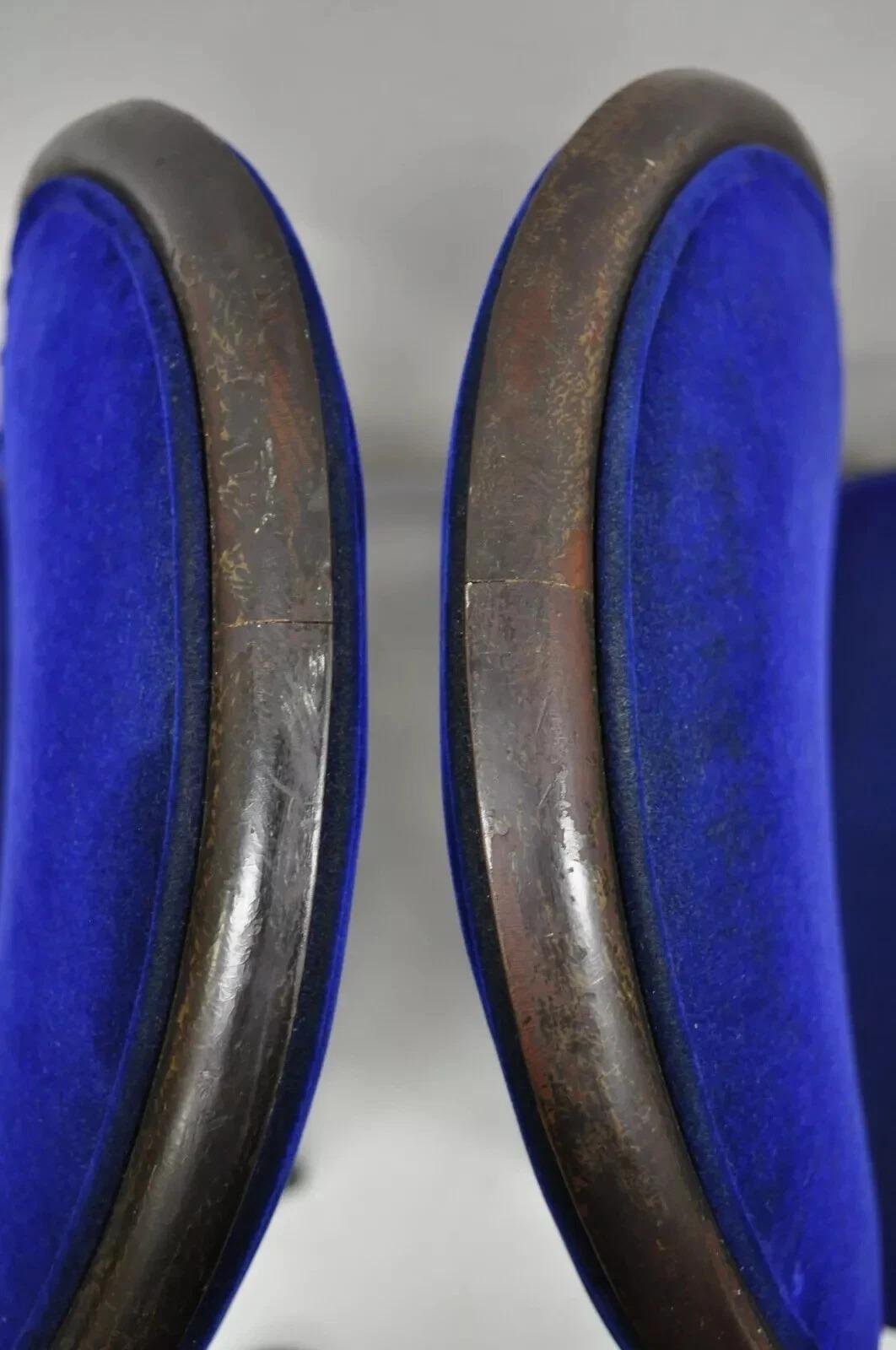 20ième siècle French Art Deco Oval Upholstered Back Mahogany Frame Blue Dining Chairs - a Pair en vente