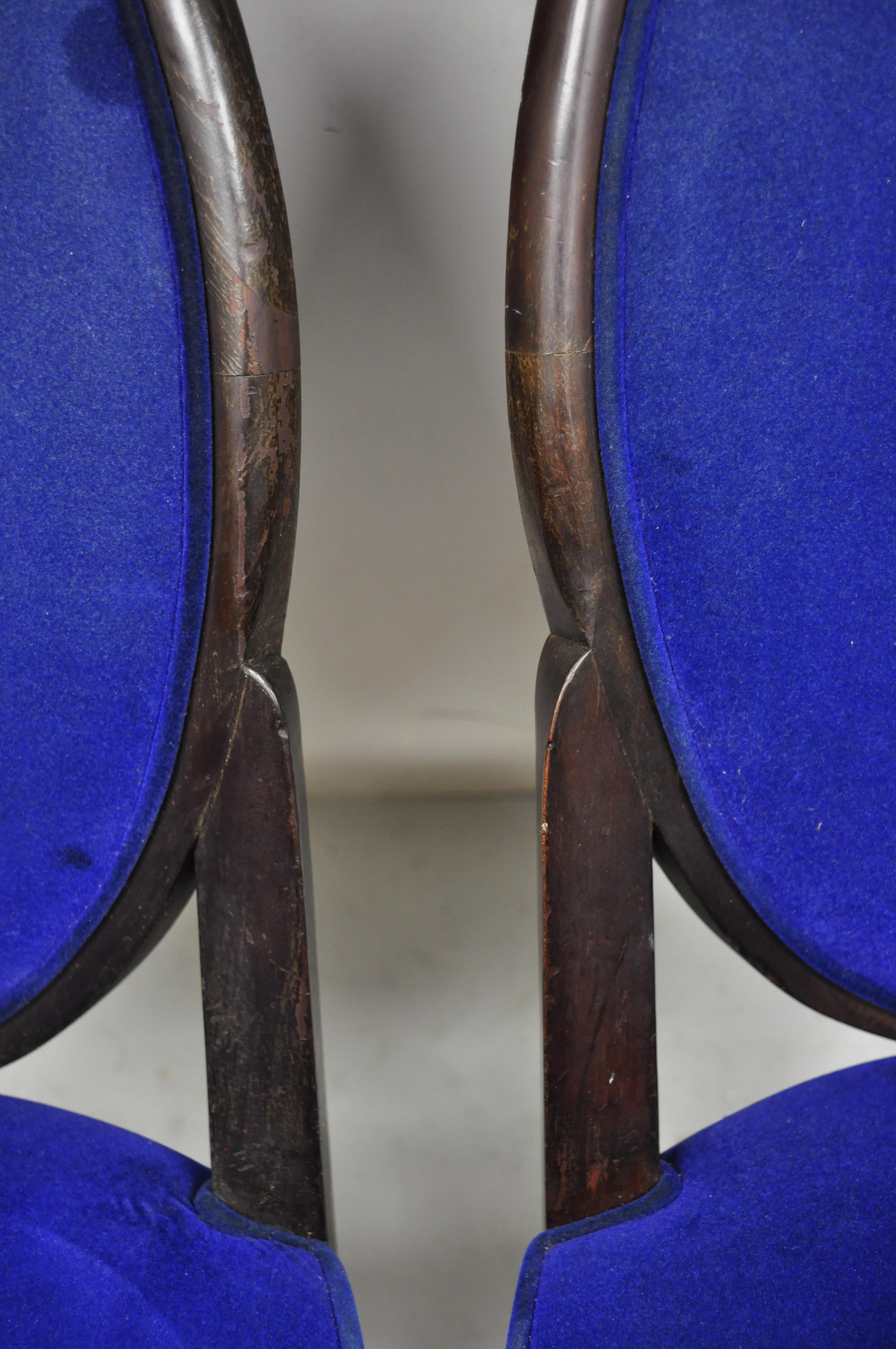 20th Century French Art Deco Oval Upholstered Back Mahogany Frame Blue Dining Chairs, a Pair For Sale