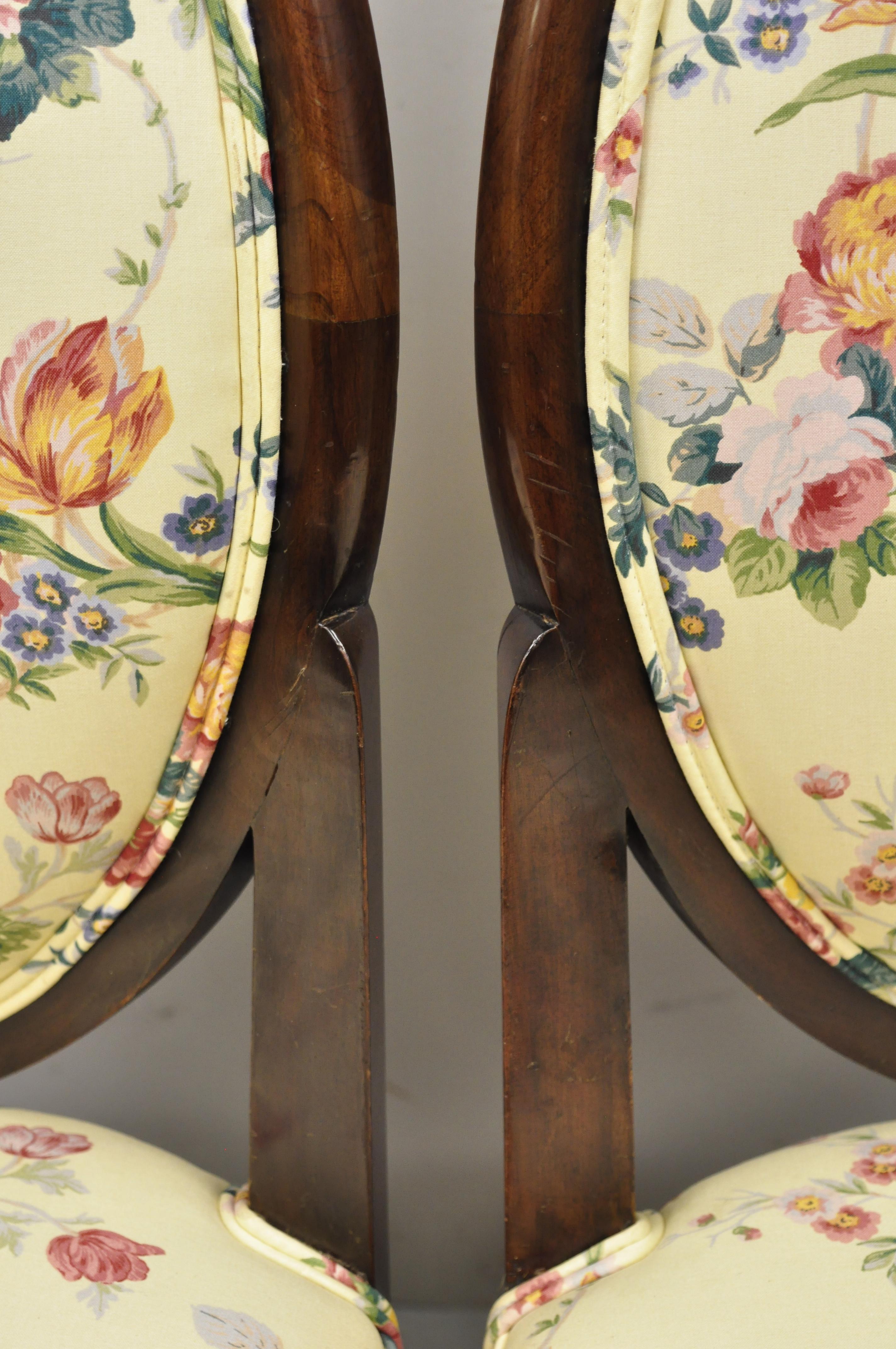 French Art Deco Oval Upholstered Back Mahogany Frame Blue Dining Chairs, a Pair For Sale 1