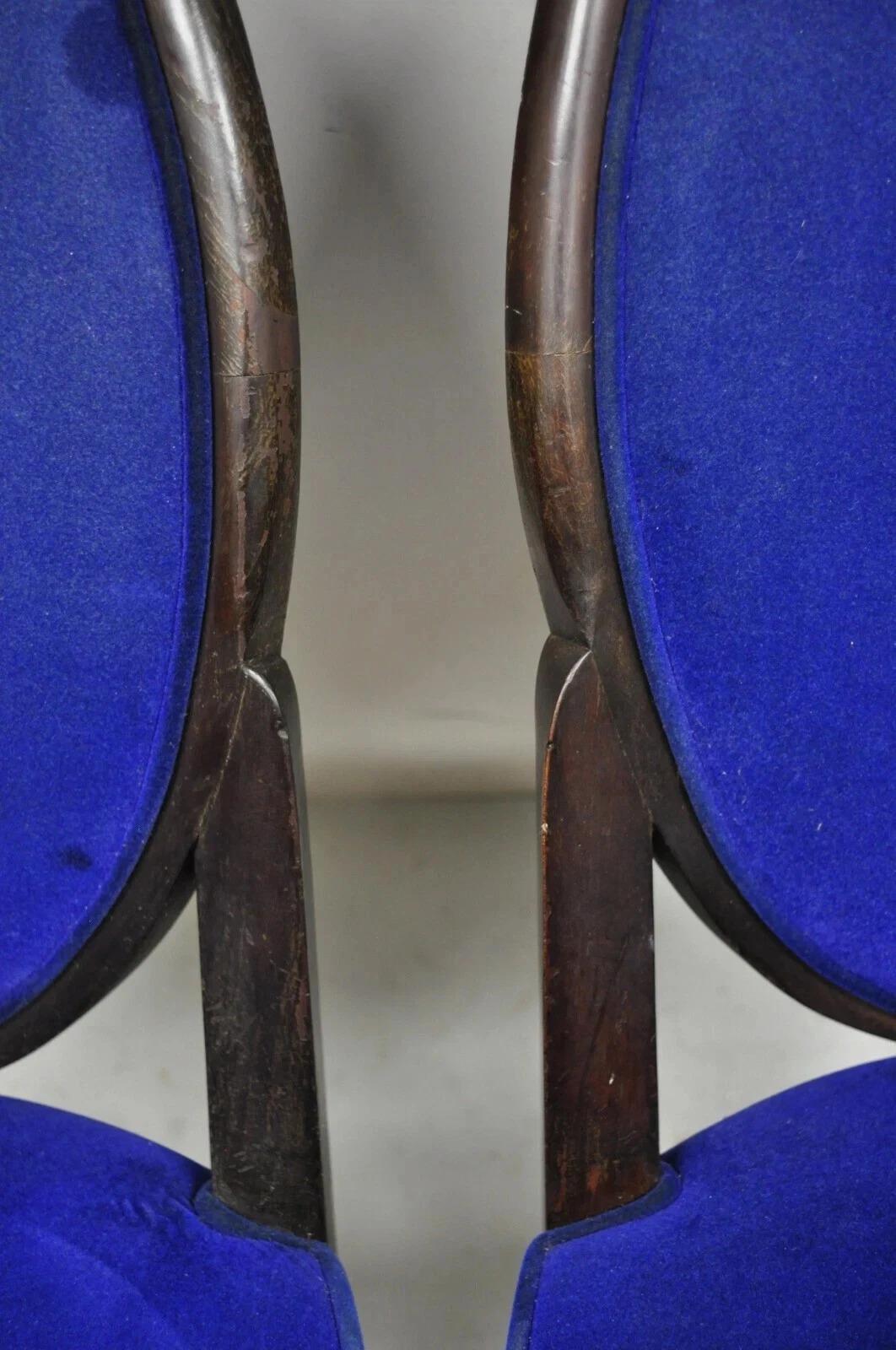 Acajou French Art Deco Oval Upholstered Back Mahogany Frame Blue Dining Chairs - a Pair en vente