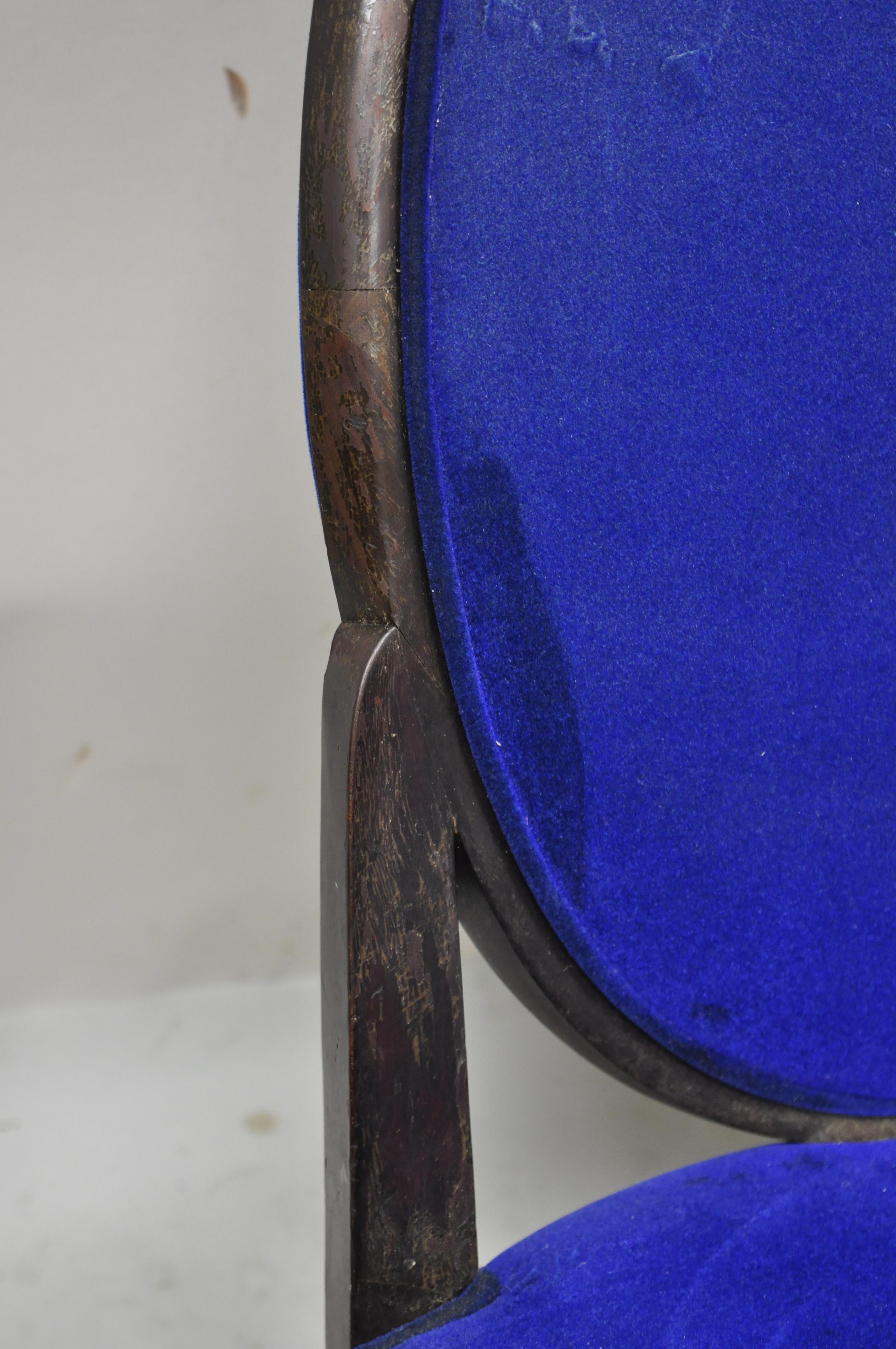 Fabric French Art Deco Oval Upholstered Back Mahogany Frame Blue Dining Chairs, a Pair For Sale