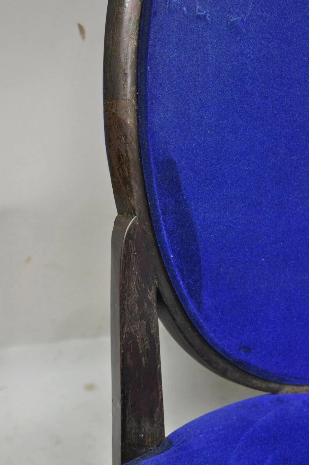 French Art Deco Oval Upholstered Back Mahogany Frame Blue Dining Chairs - a Pair en vente 1