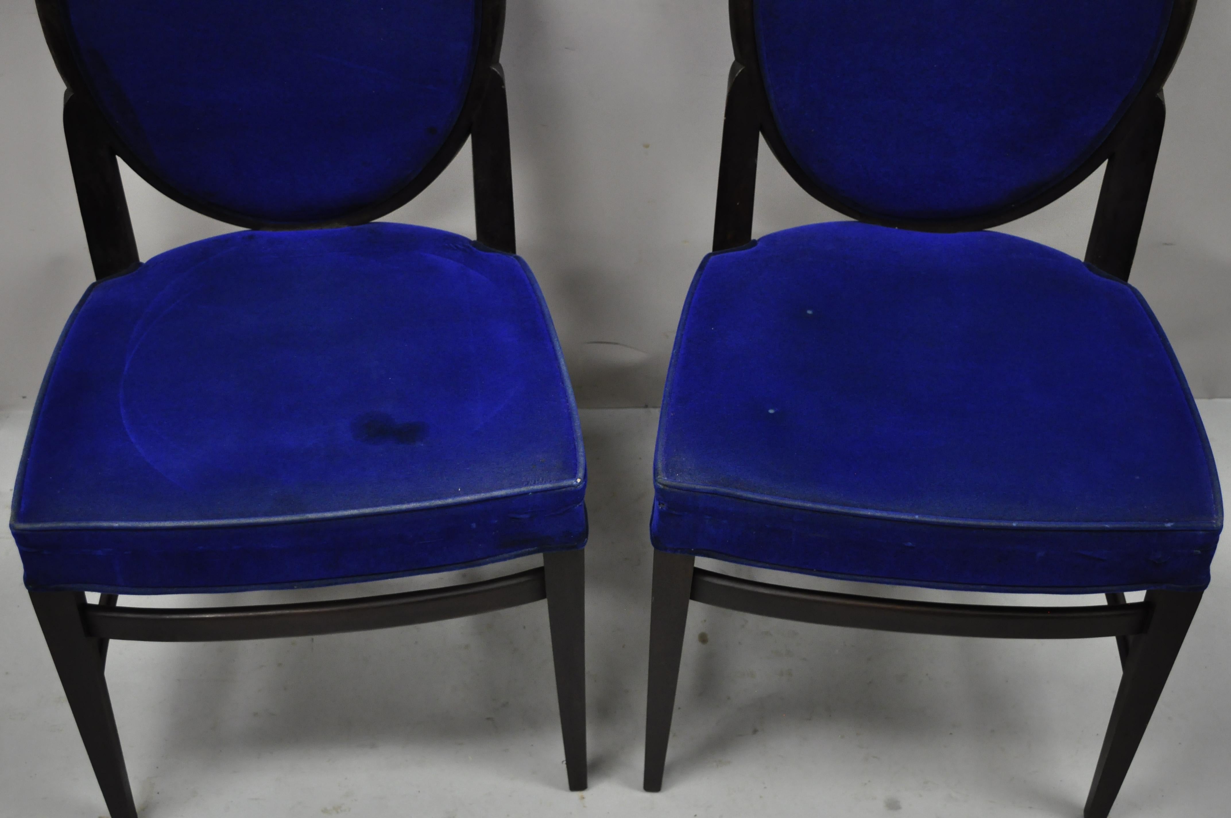 French Art Deco Oval Upholstered Back Mahogany Frame Blue Dining Chairs, a Pair For Sale 1