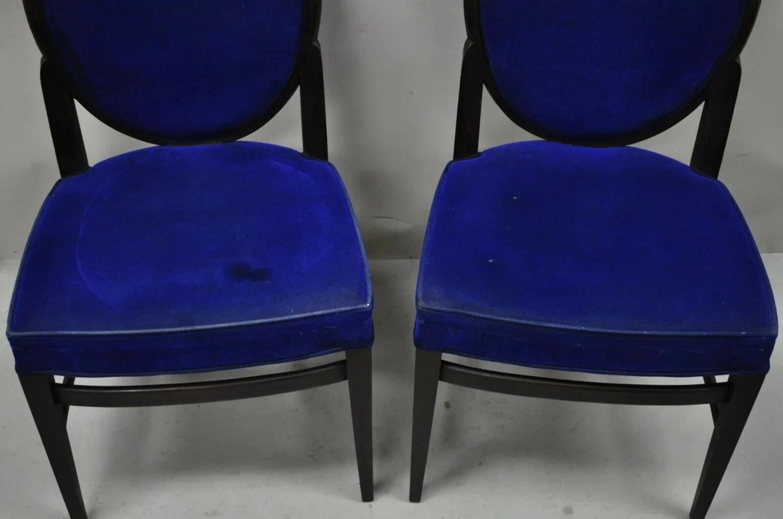 French Art Deco Oval Upholstered Back Mahogany Frame Blue Dining Chairs - a Pair en vente 2