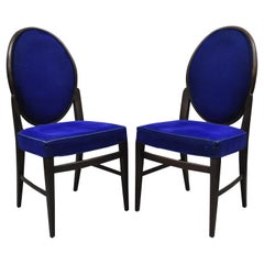 French Art Deco Oval Upholstered Back Mahogany Frame Blue Dining Chairs, a Pair