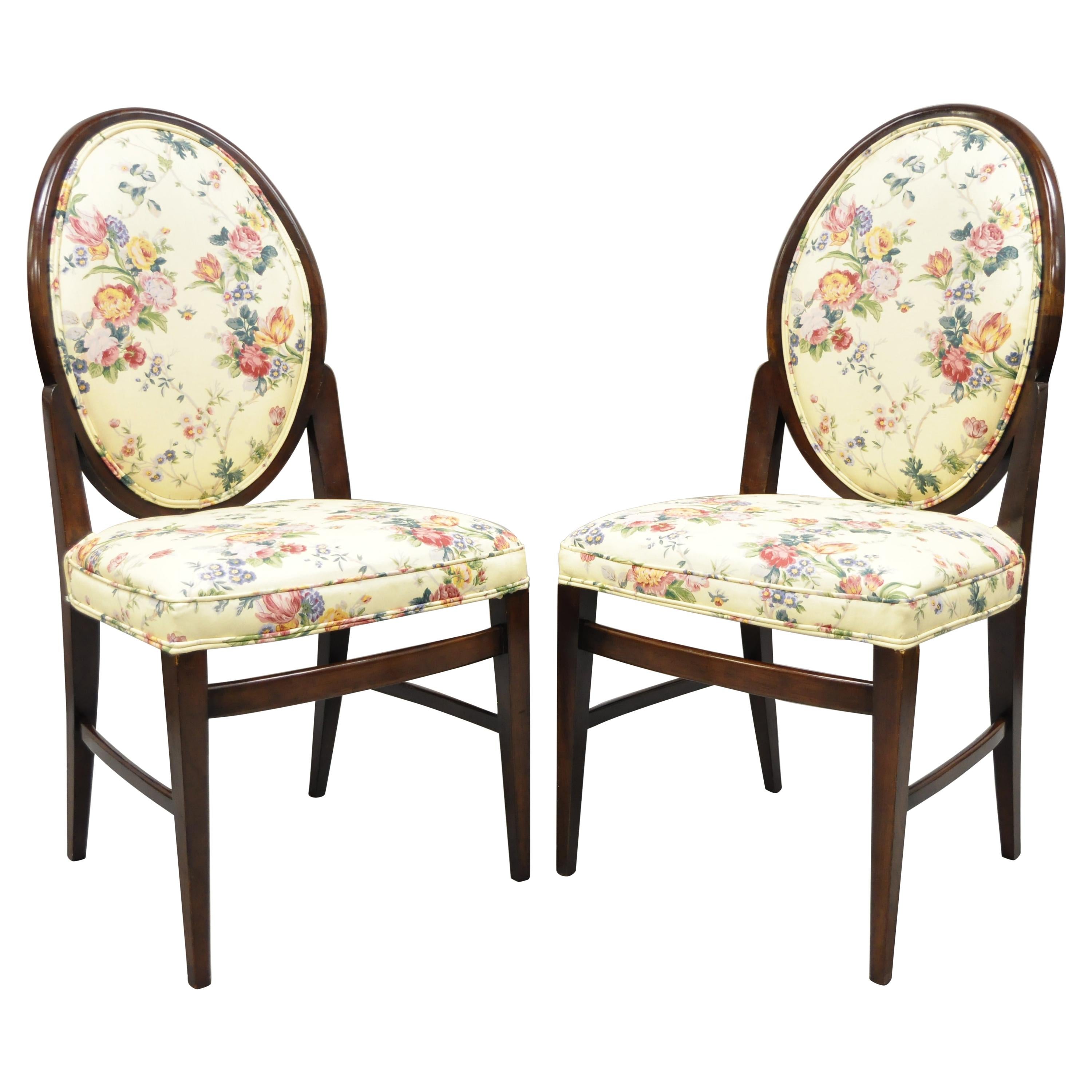 French Art Deco Oval Upholstered Back Mahogany Frame Blue Dining Chairs, a Pair For Sale