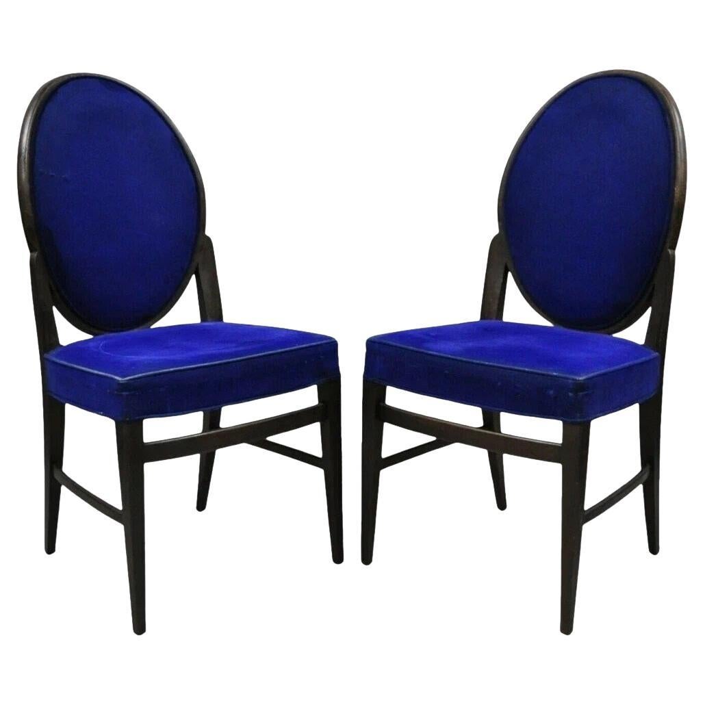 French Art Deco Oval Upholstered Back Mahogany Frame Blue Dining Chairs - a Pair