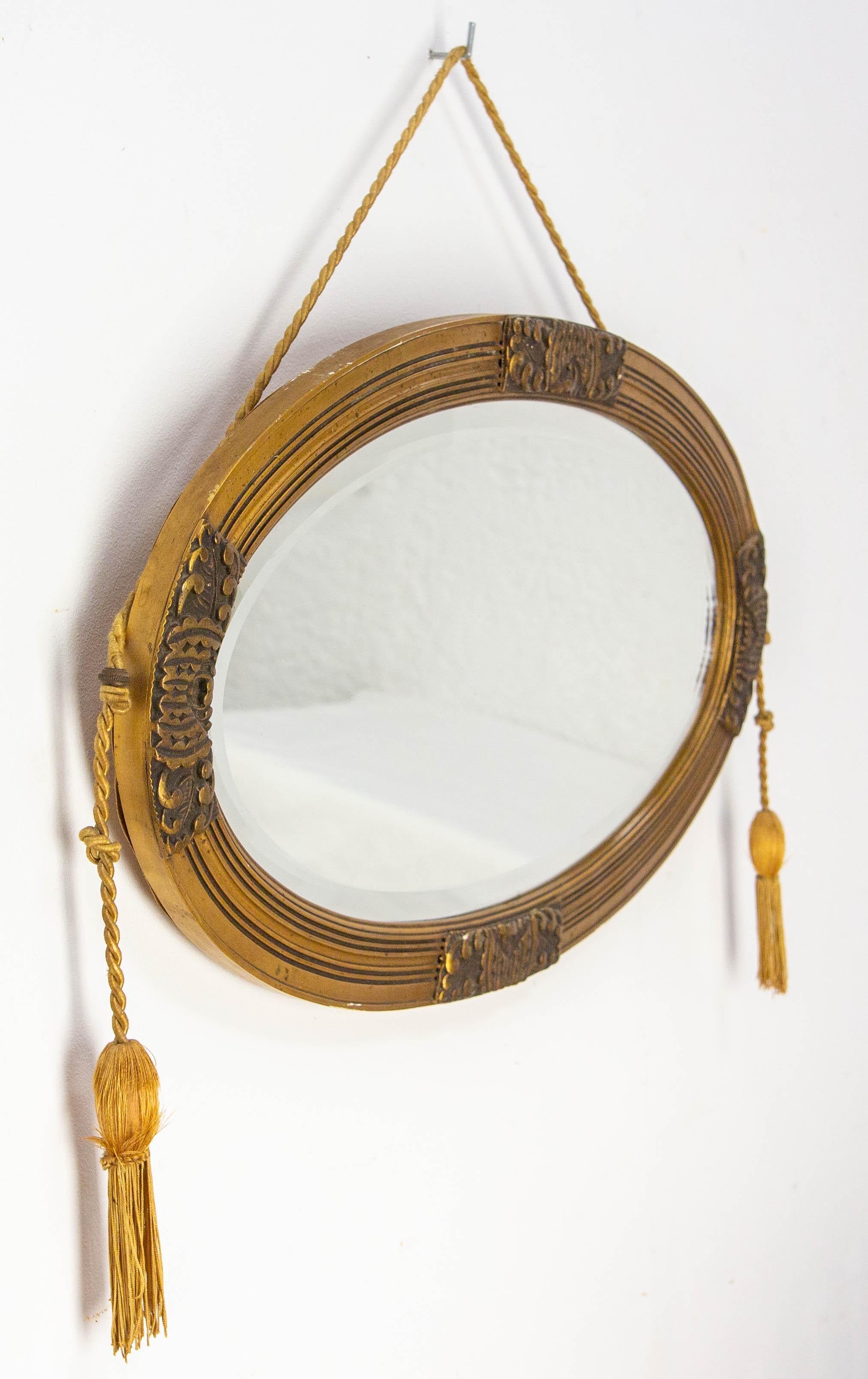 French Art Deco Oval Wall Beveled Mirror Golden Stucco, circa 1930 In Good Condition For Sale In Labrit, Landes