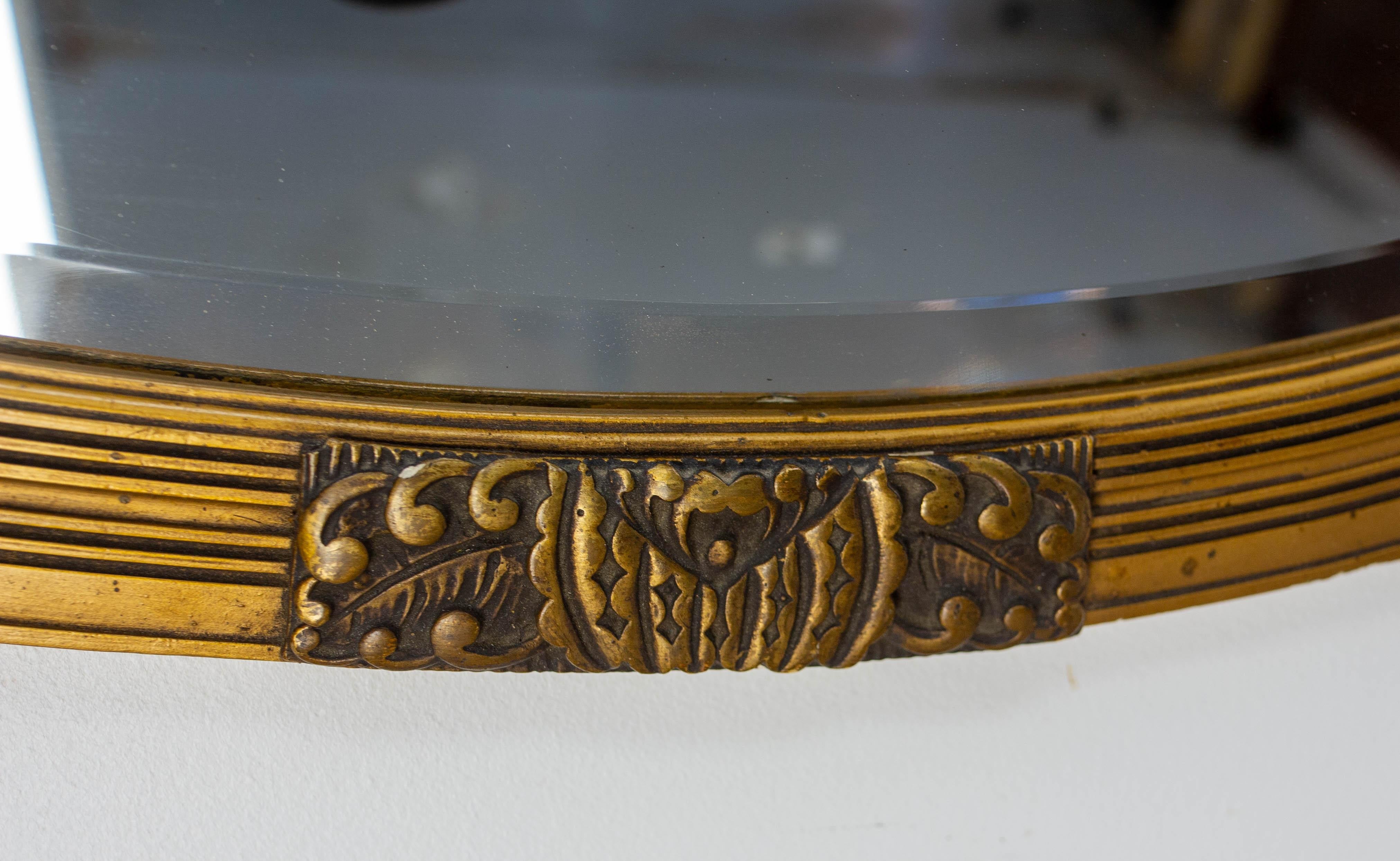 French Art Deco Oval Wall Beveled Mirror Golden Stucco, circa 1930 For Sale 1