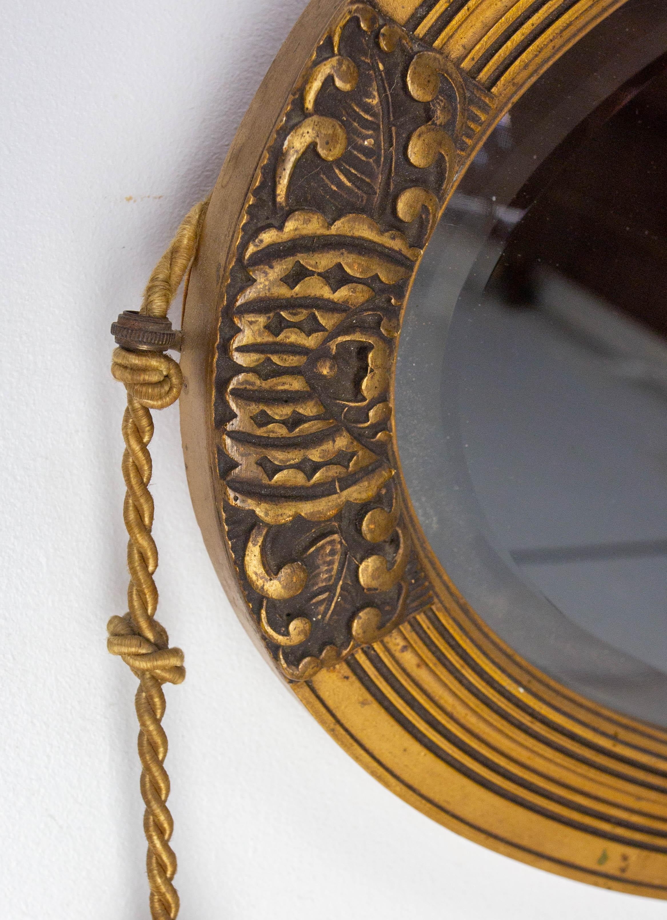 French Art Deco Oval Wall Beveled Mirror Golden Stucco, circa 1930 For Sale 2