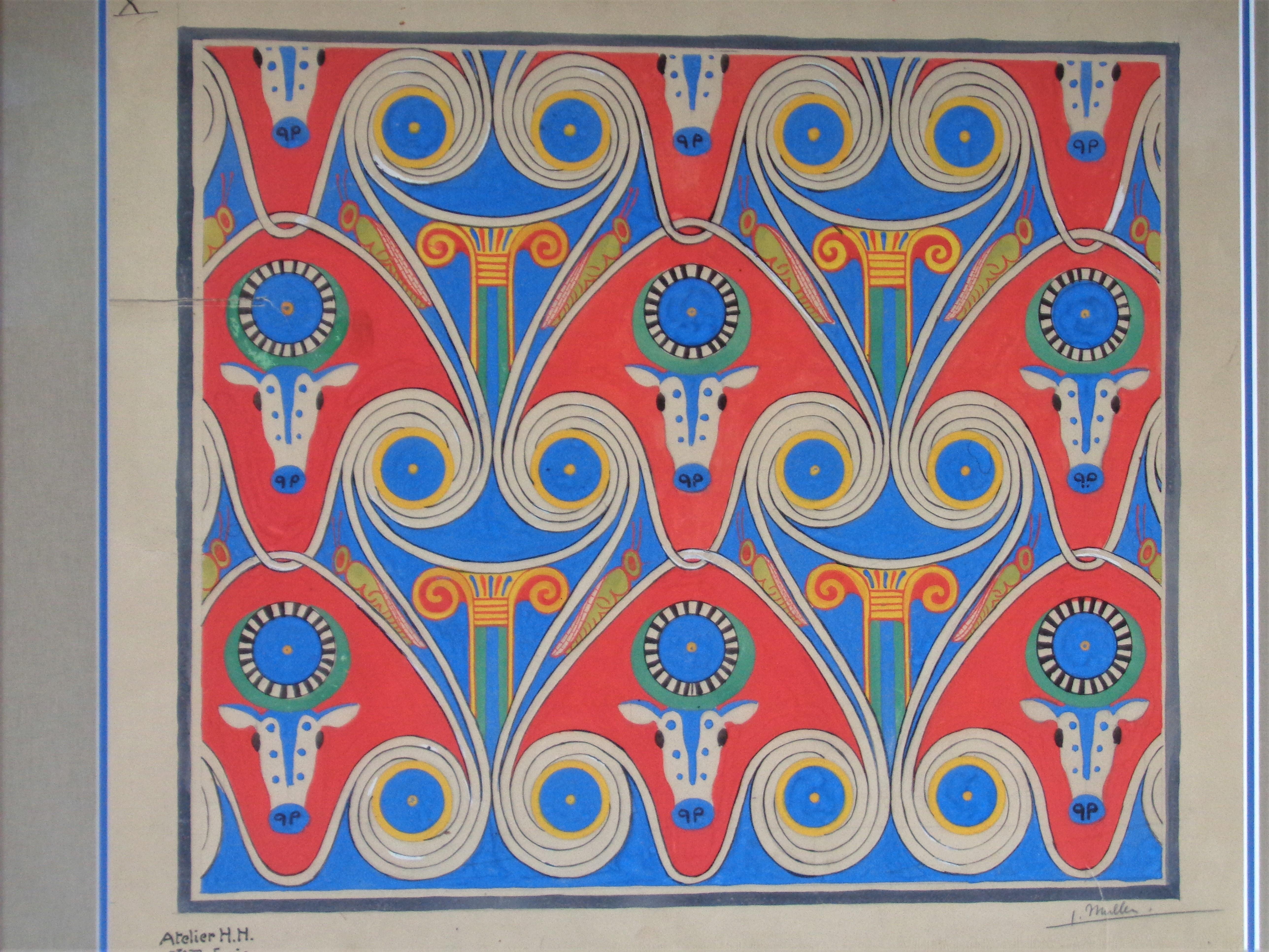 Glass French Art Deco Painting Architectural Wallpaper Design, Circa 1920