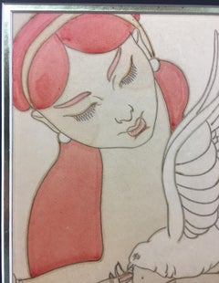 French Art Deco Painting Exotic Woman Holding a Dove Signed Chasquest Dated 1930