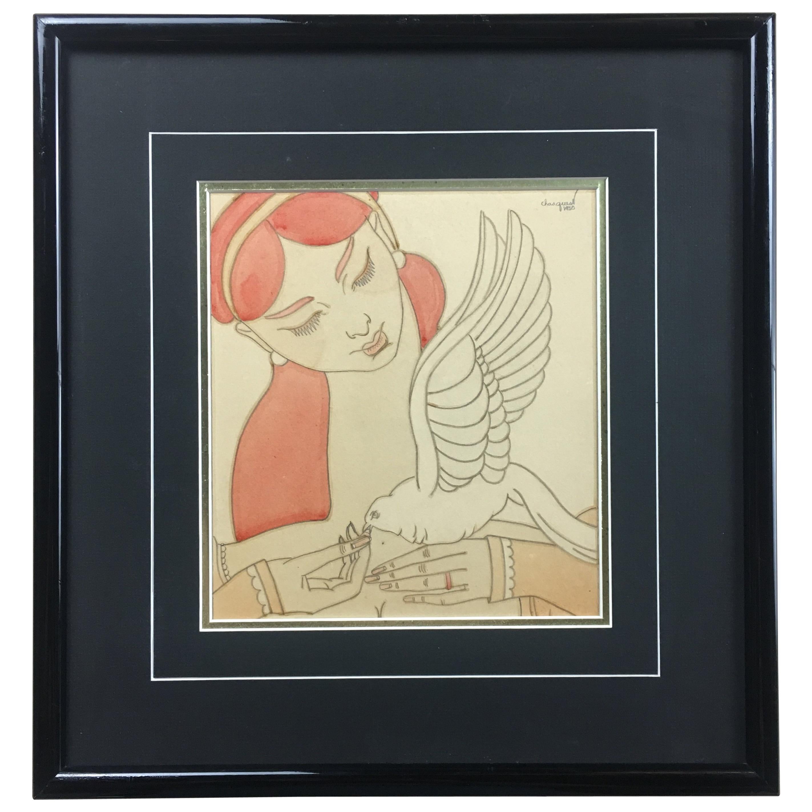 French Art Deco Painting Exotic Woman Holding a Dove Signed Chasquest Dated 1930