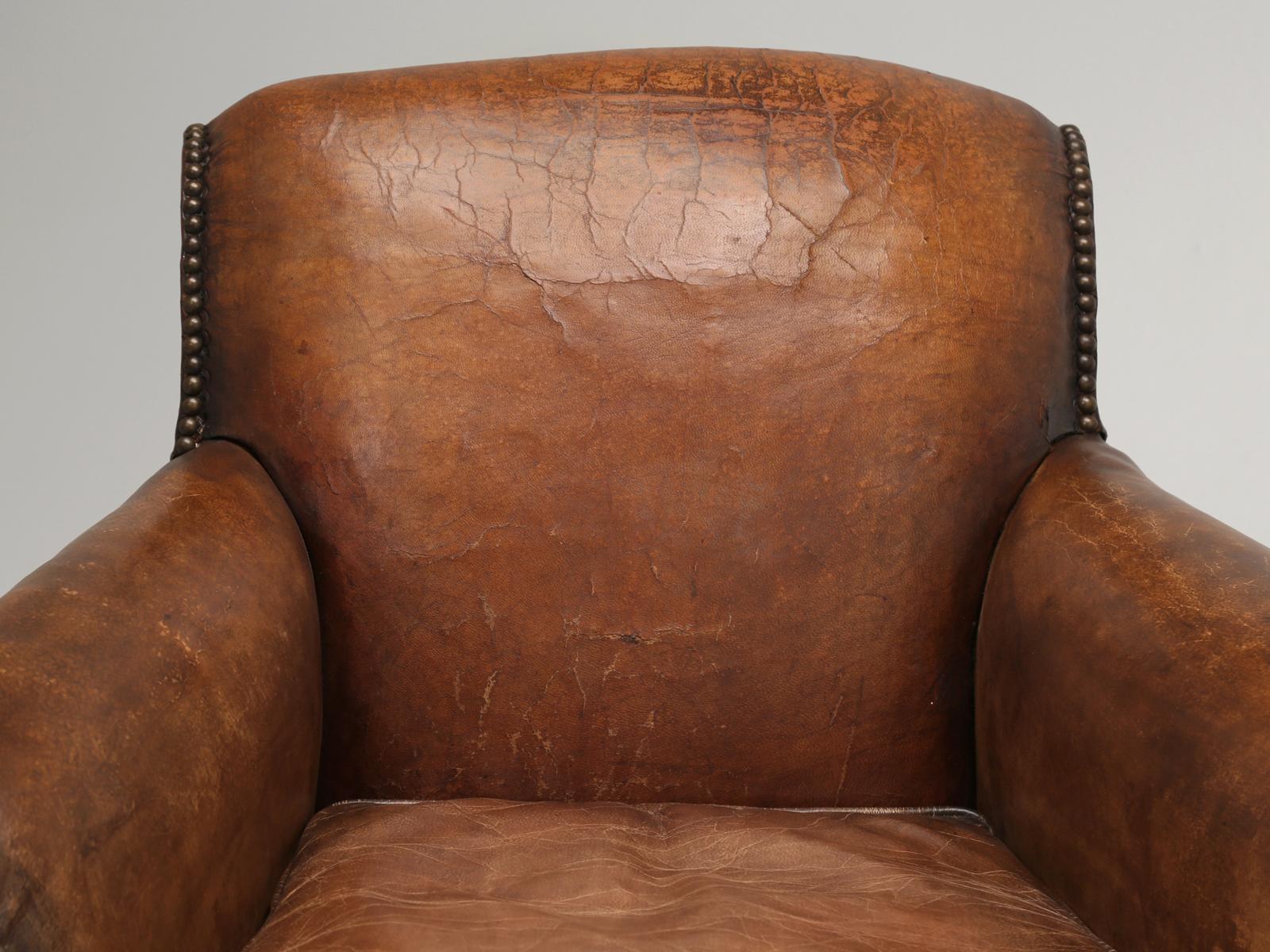 Hand-Crafted French Art Deco Pair Leather Club Chairs Restored Internally to a High Standard