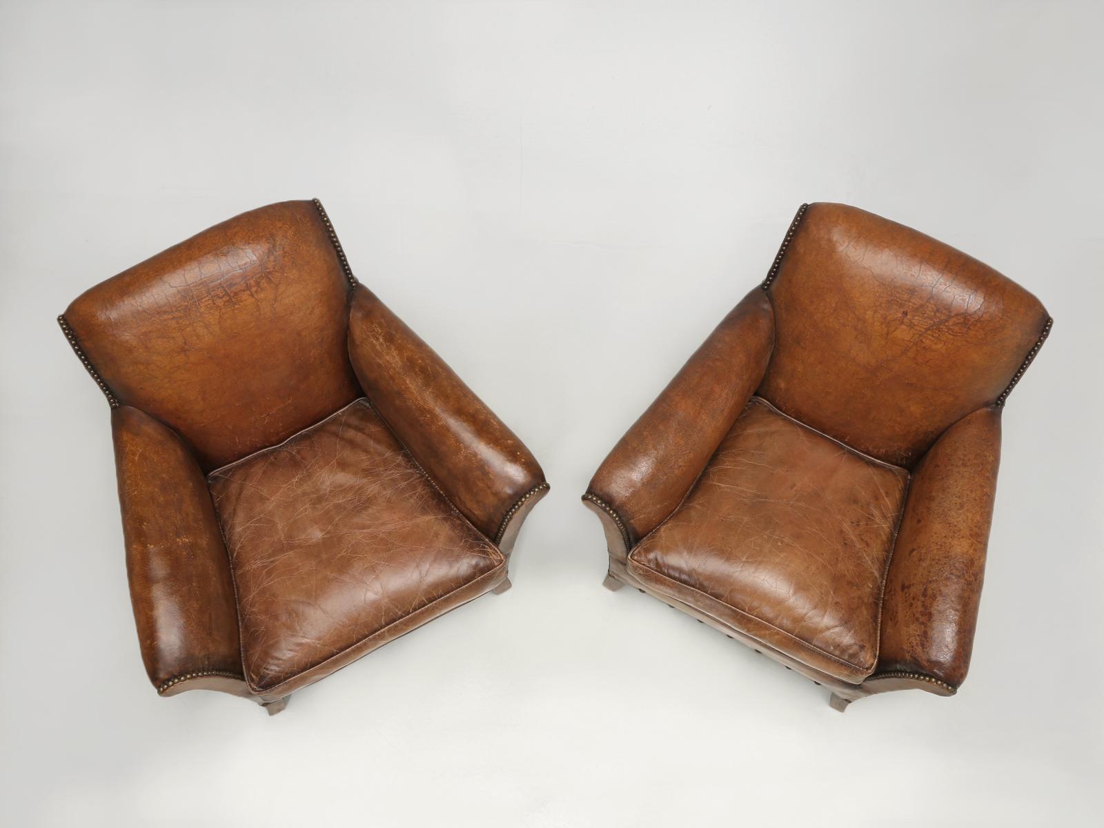 French Art Deco Pair Leather Club Chairs Restored Internally to a High Standard 3