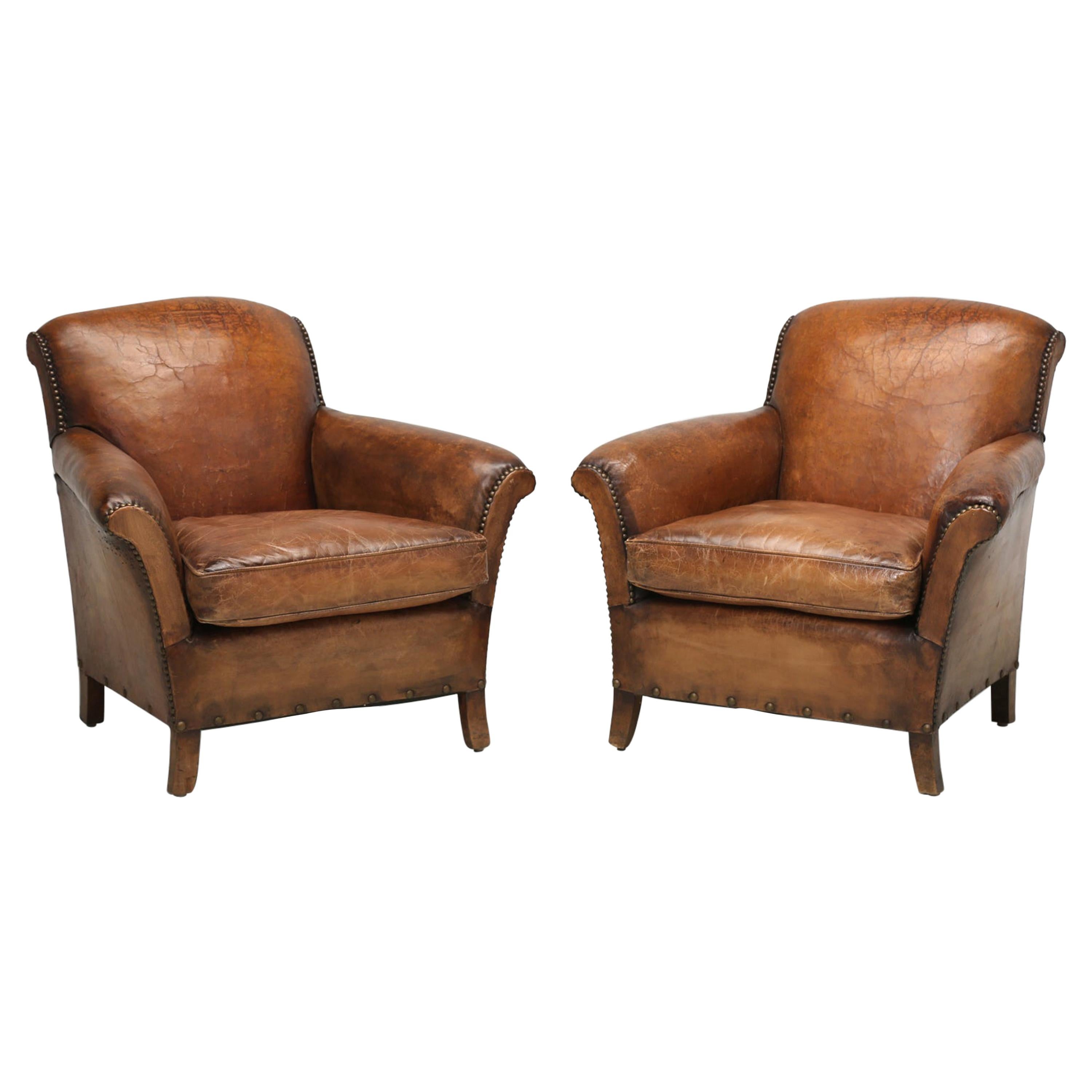 French Art Deco Pair Leather Club Chairs Restored Internally to a High Standard