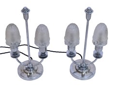 French Art Deco Pair of Chromed Table Lamps with Bell-Shaped Glasses by Sabino