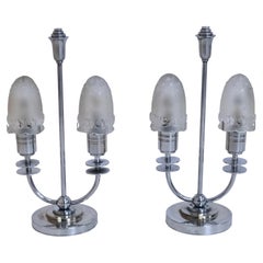 French Art Deco Pair of Chromed Table Lamps with Bell-Shaped Glasses by Sabino