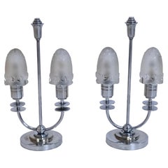 French Art Deco Pair of Chromed Table Lamps with Bell-Shaped Glasses by Sabino