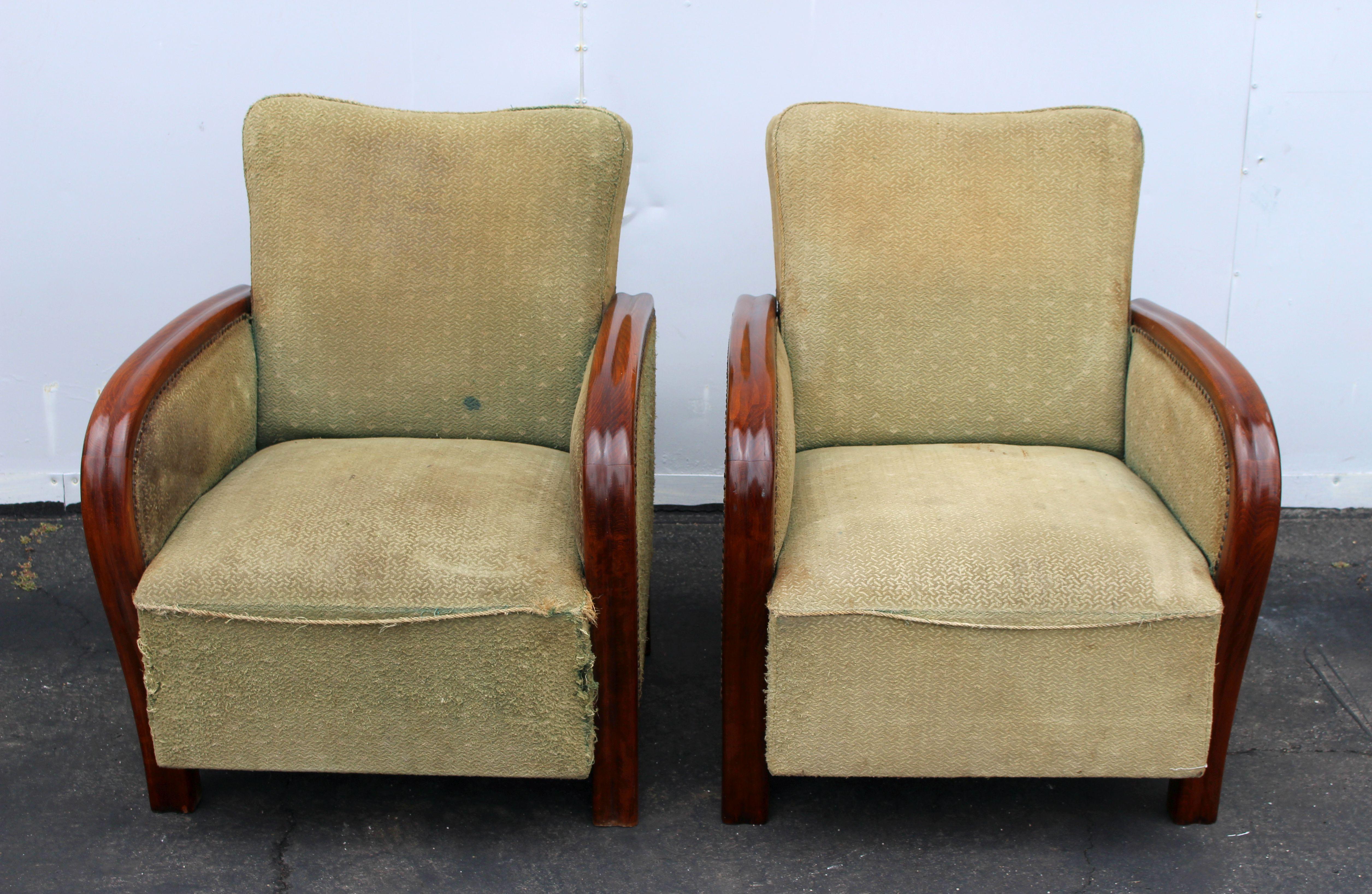 1930s club chairs, original walnut frame base, chairs need a upholstery structurally very good .Wood frame shellacked and as shown on the photos near to the excellent condition.