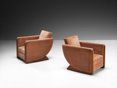 French Art Deco Pair of Club Chairs in Peach Brown Velvet and Mahogany