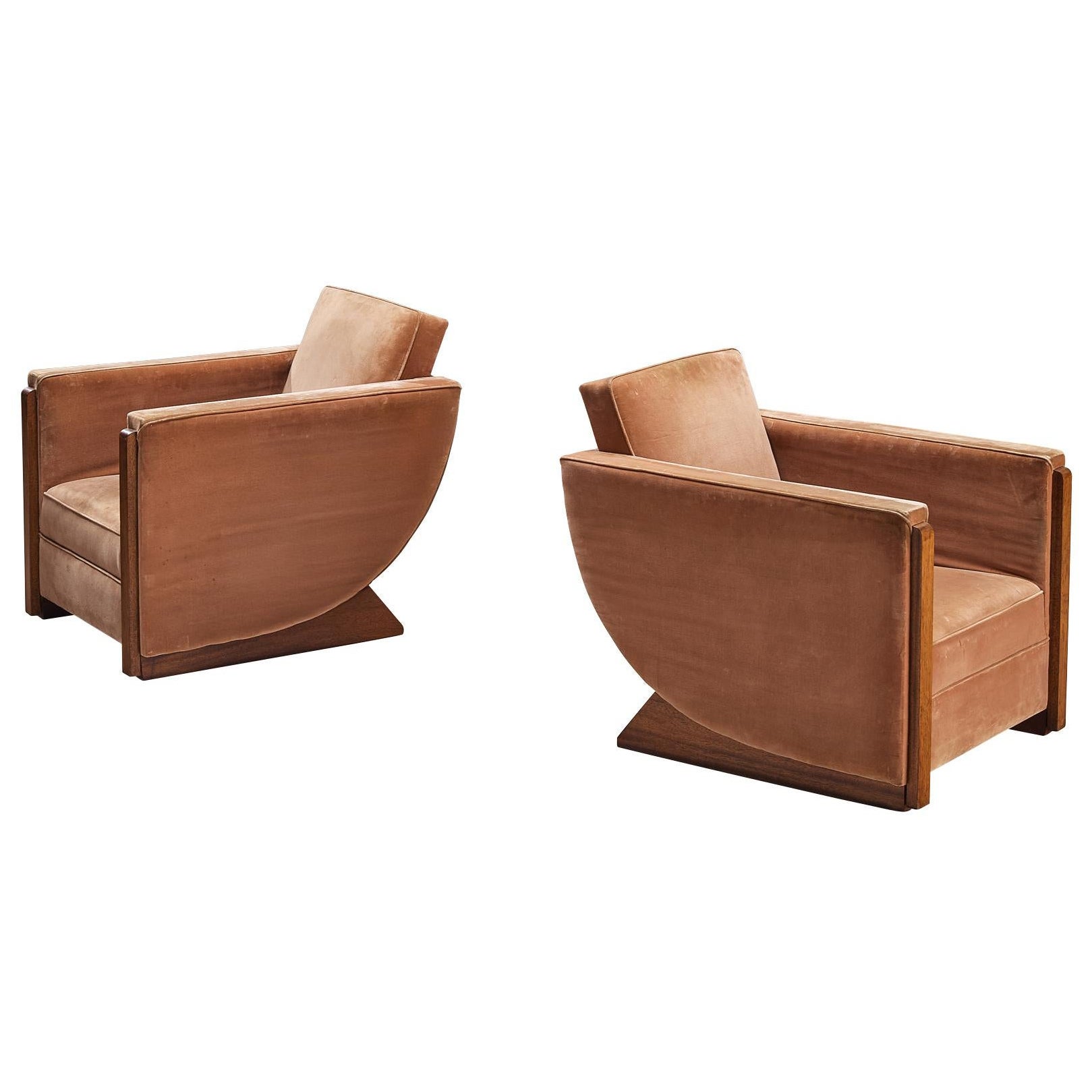 French Art Deco Pair of Club Chairs in Peach Brown Velvet and Mahogany