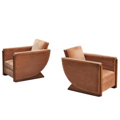 French Art Deco Pair of Club Chairs in Peach Brown Velvet and Mahogany