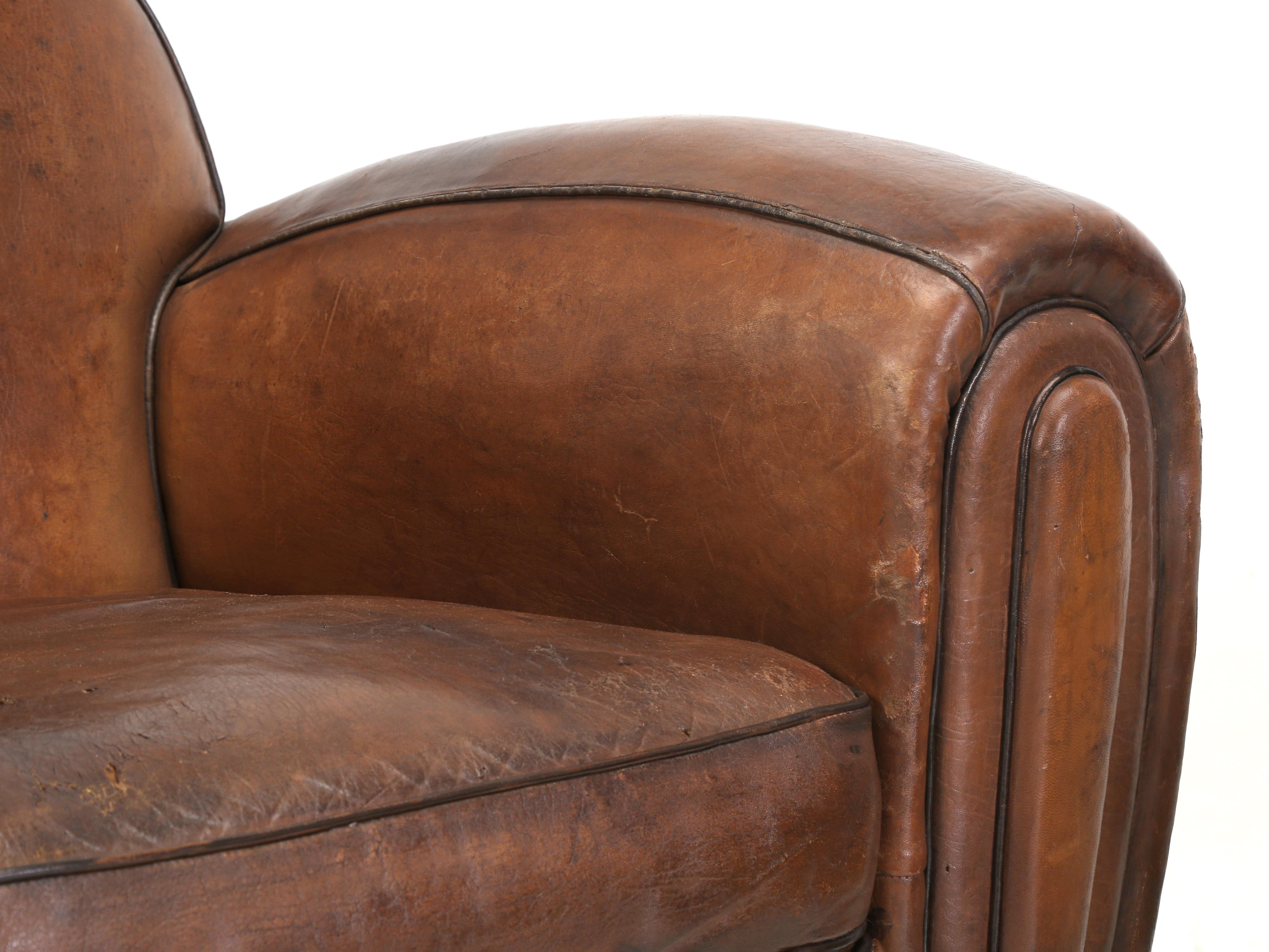 French Art Deco Pair of Club Chairs Original Leather Restored Internally, 1930s  6