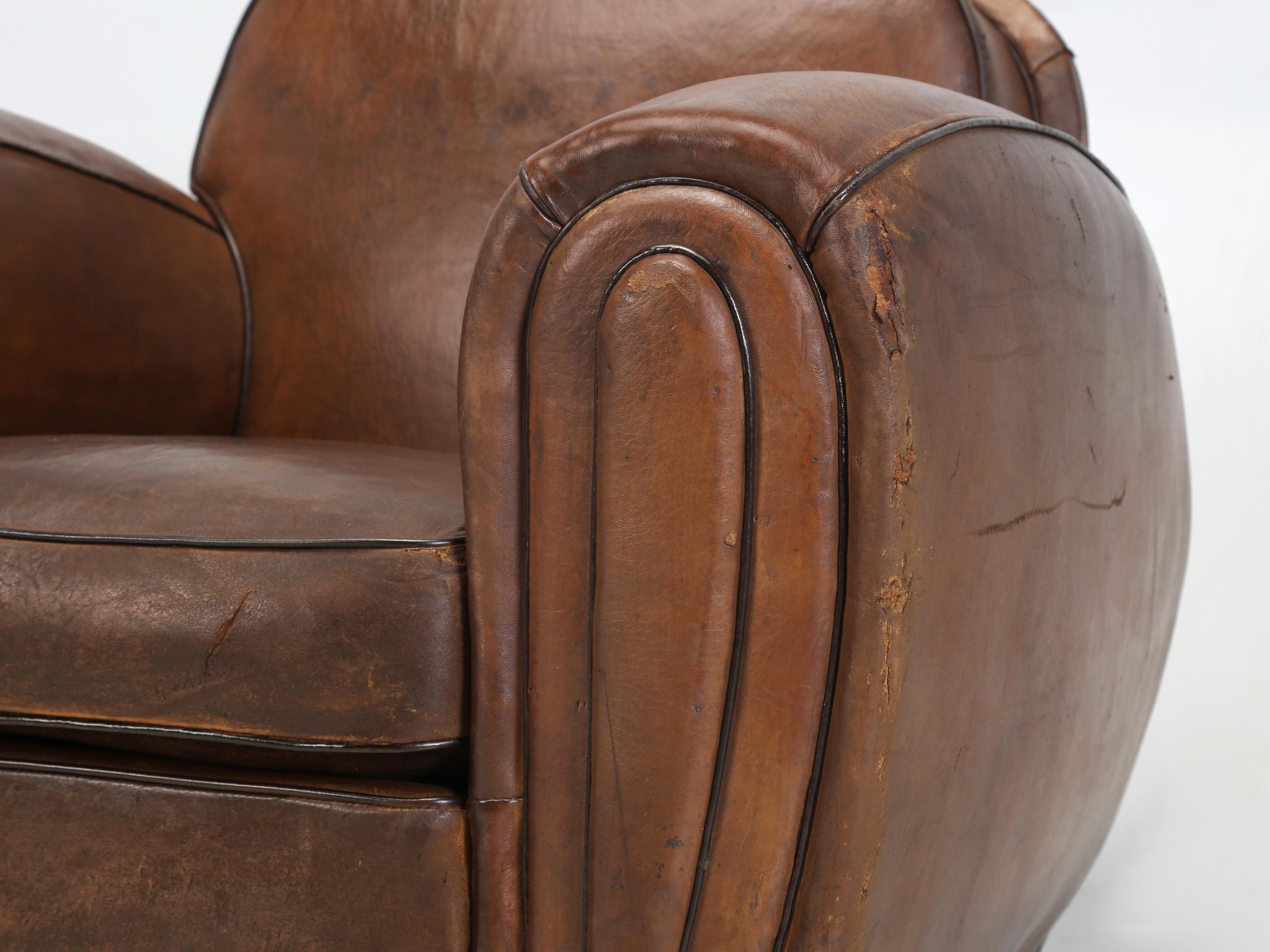 French Art Deco Pair of Club Chairs Original Leather Restored Internally, 1930s  7