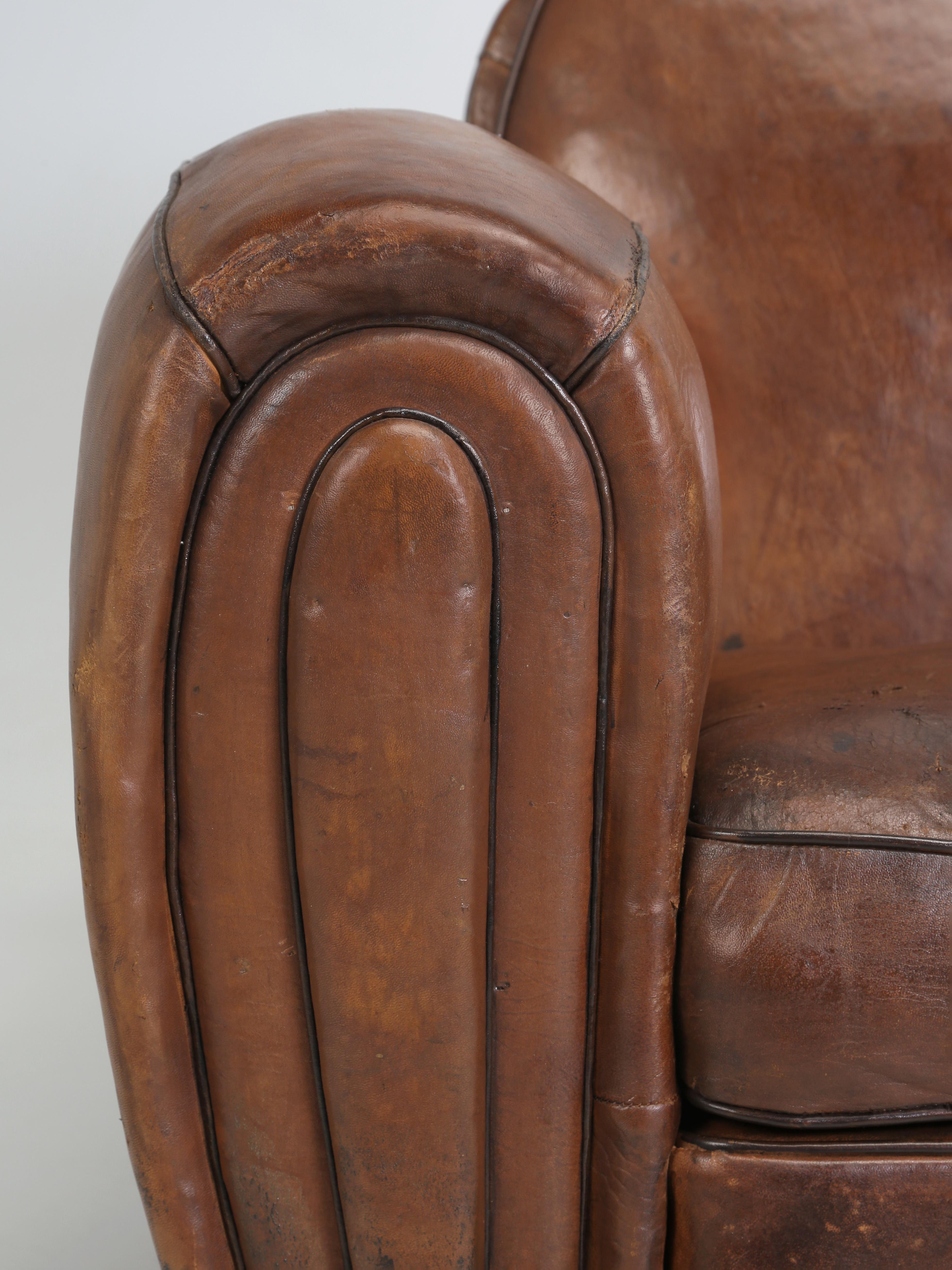 French Art Deco Pair of Club Chairs Original Leather Restored Internally, 1930s  8