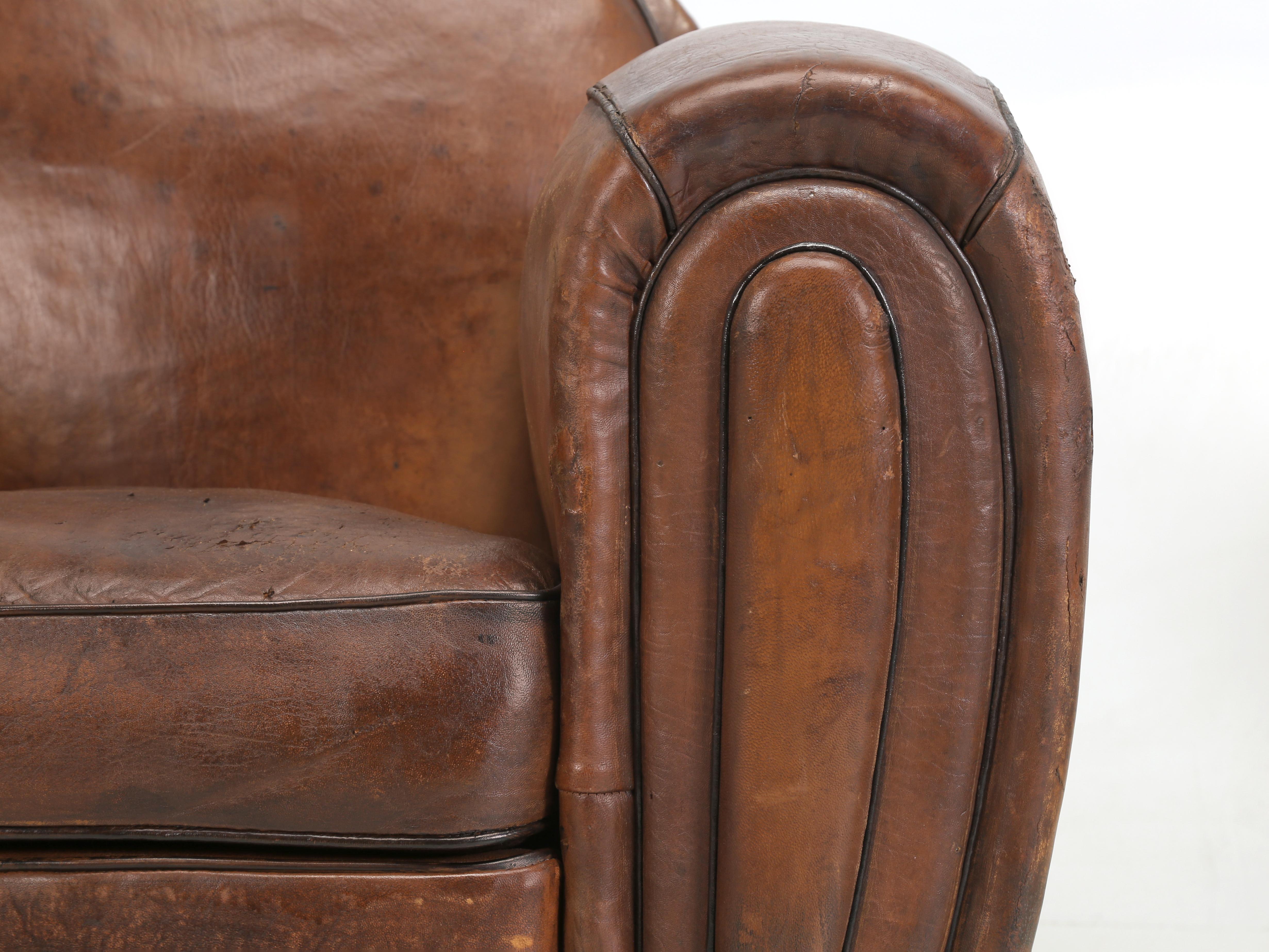 French Art Deco Pair of Club Chairs Original Leather Restored Internally, 1930s  9