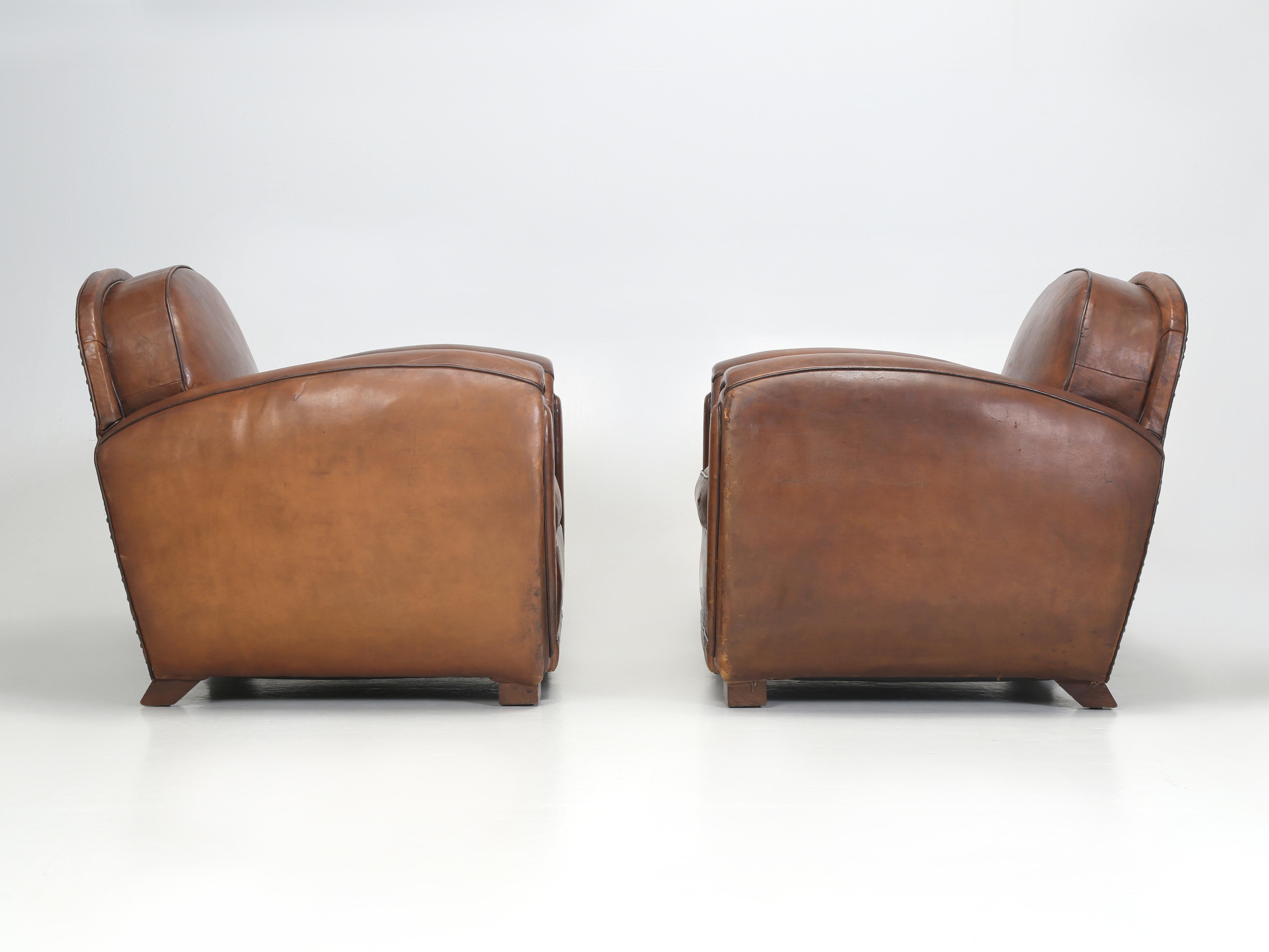 French Art Deco Pair of Club Chairs Original Leather Restored Internally, 1930s  12