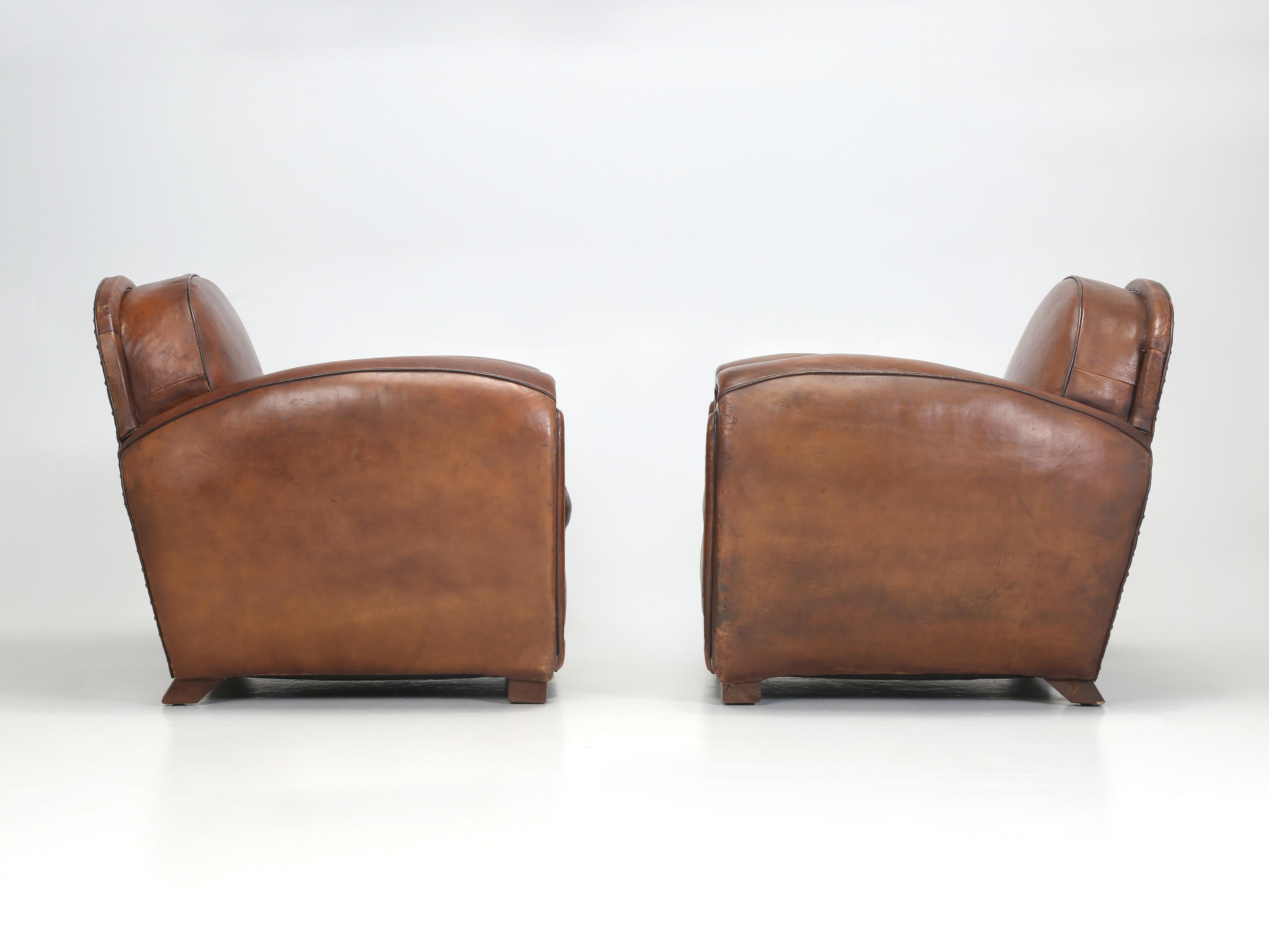 French Art Deco Pair of Club Chairs Original Leather Restored Internally, 1930s  13