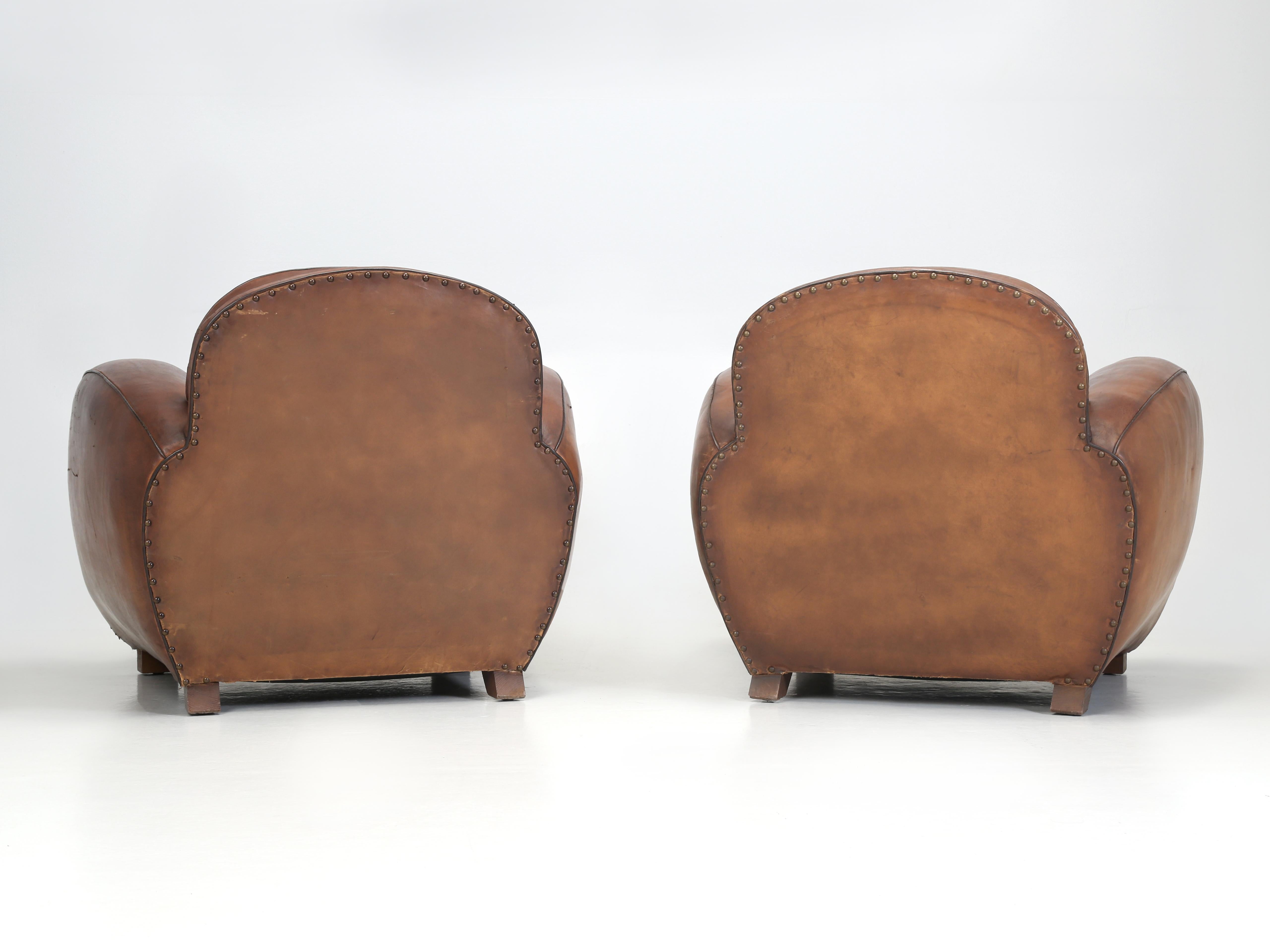 French Art Deco Pair of Club Chairs Original Leather Restored Internally, 1930s  14