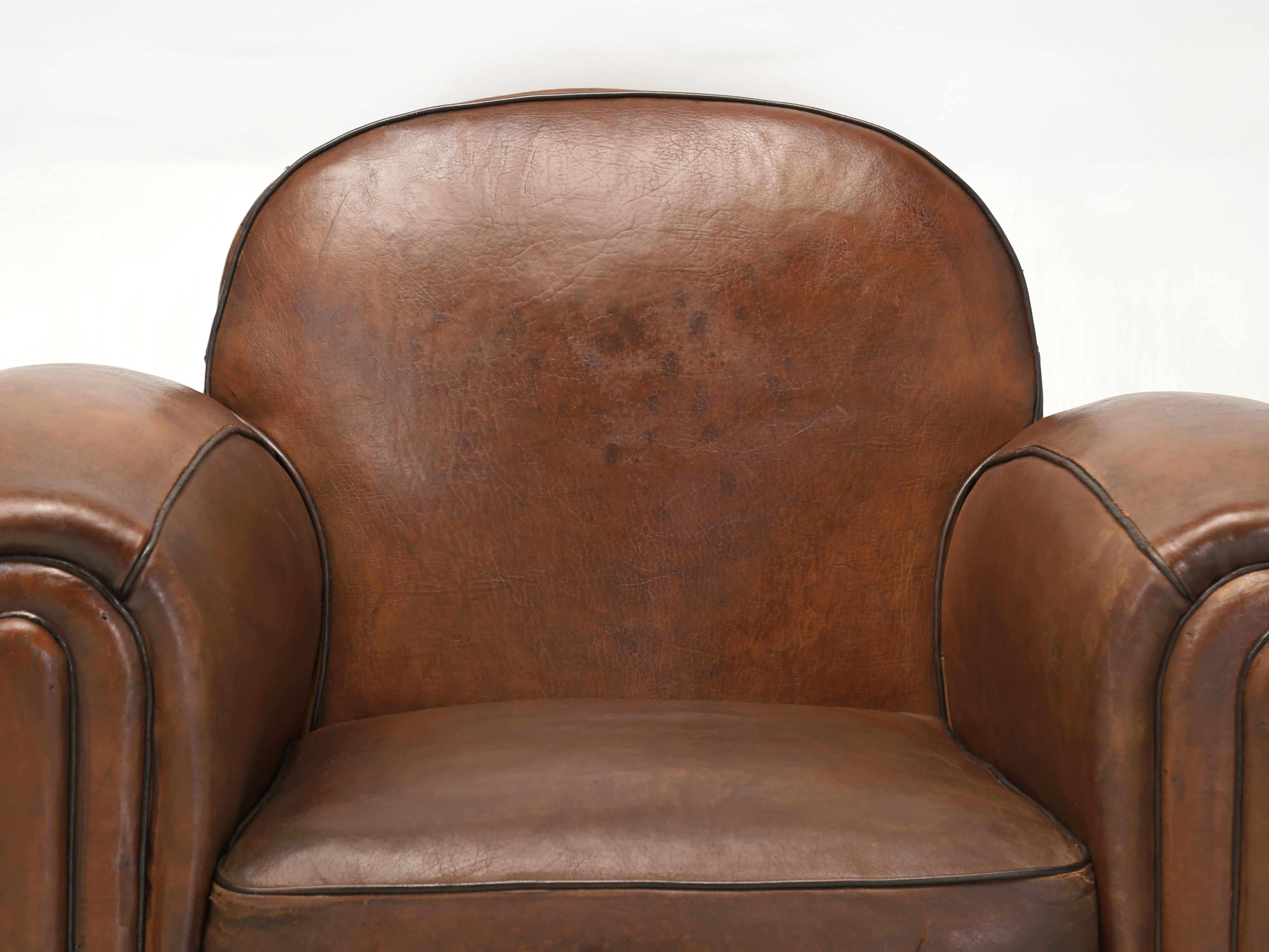 Hand-Crafted French Art Deco Pair of Club Chairs Original Leather Restored Internally, 1930s 