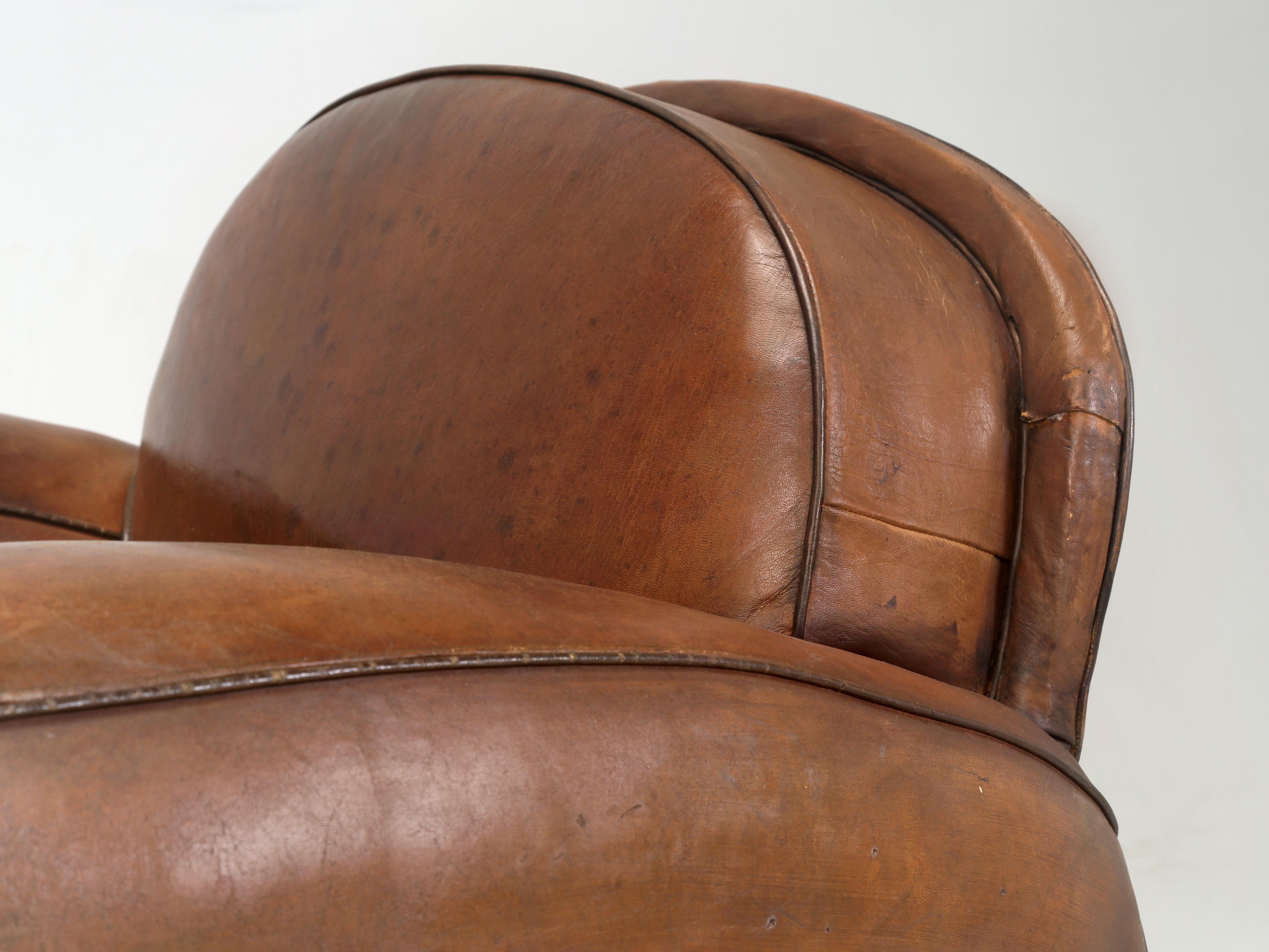French Art Deco Pair of Club Chairs Original Leather Restored Internally, 1930s  In Good Condition In Chicago, IL