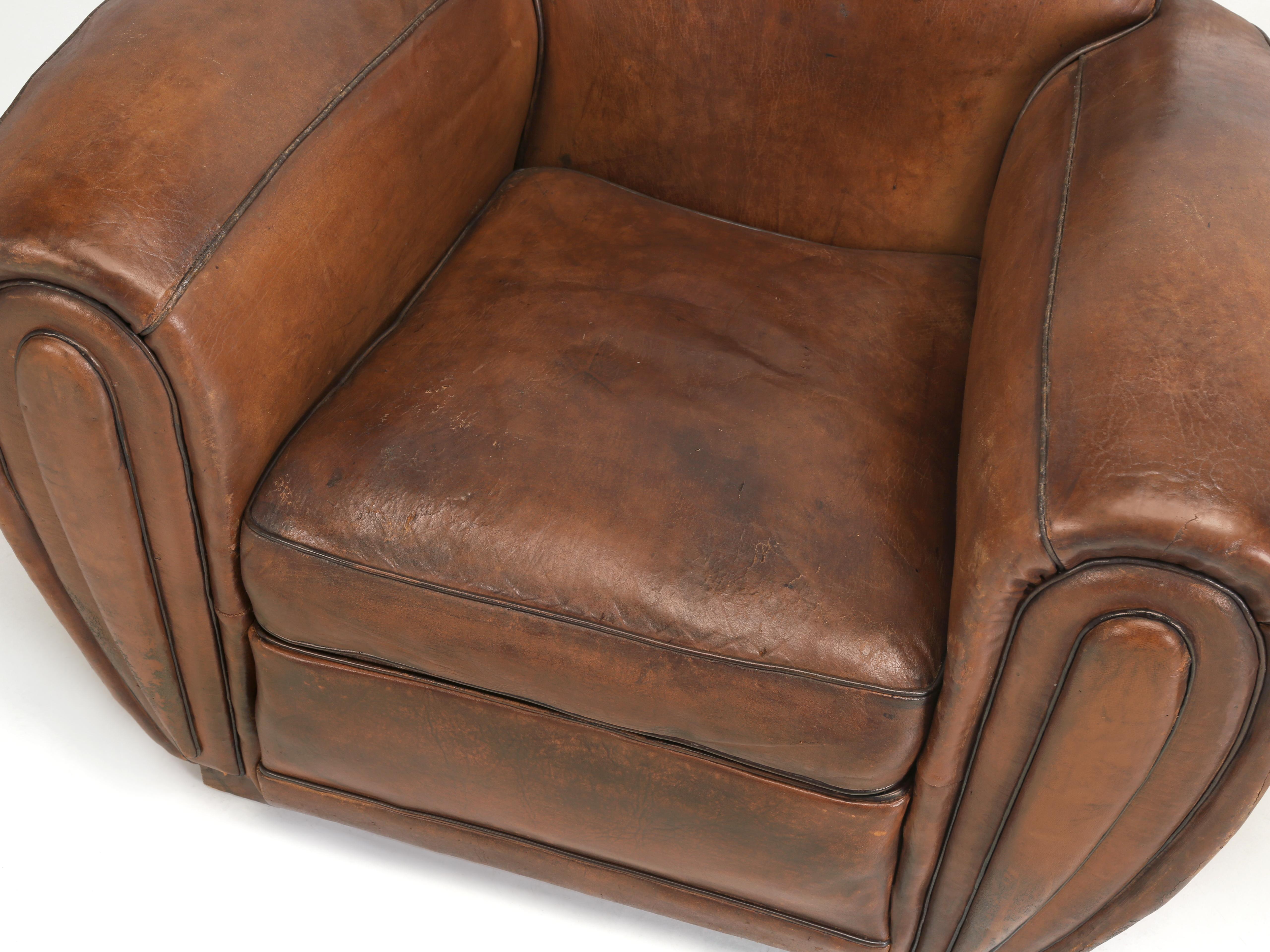 Mid-20th Century French Art Deco Pair of Club Chairs Original Leather Restored Internally, 1930s 