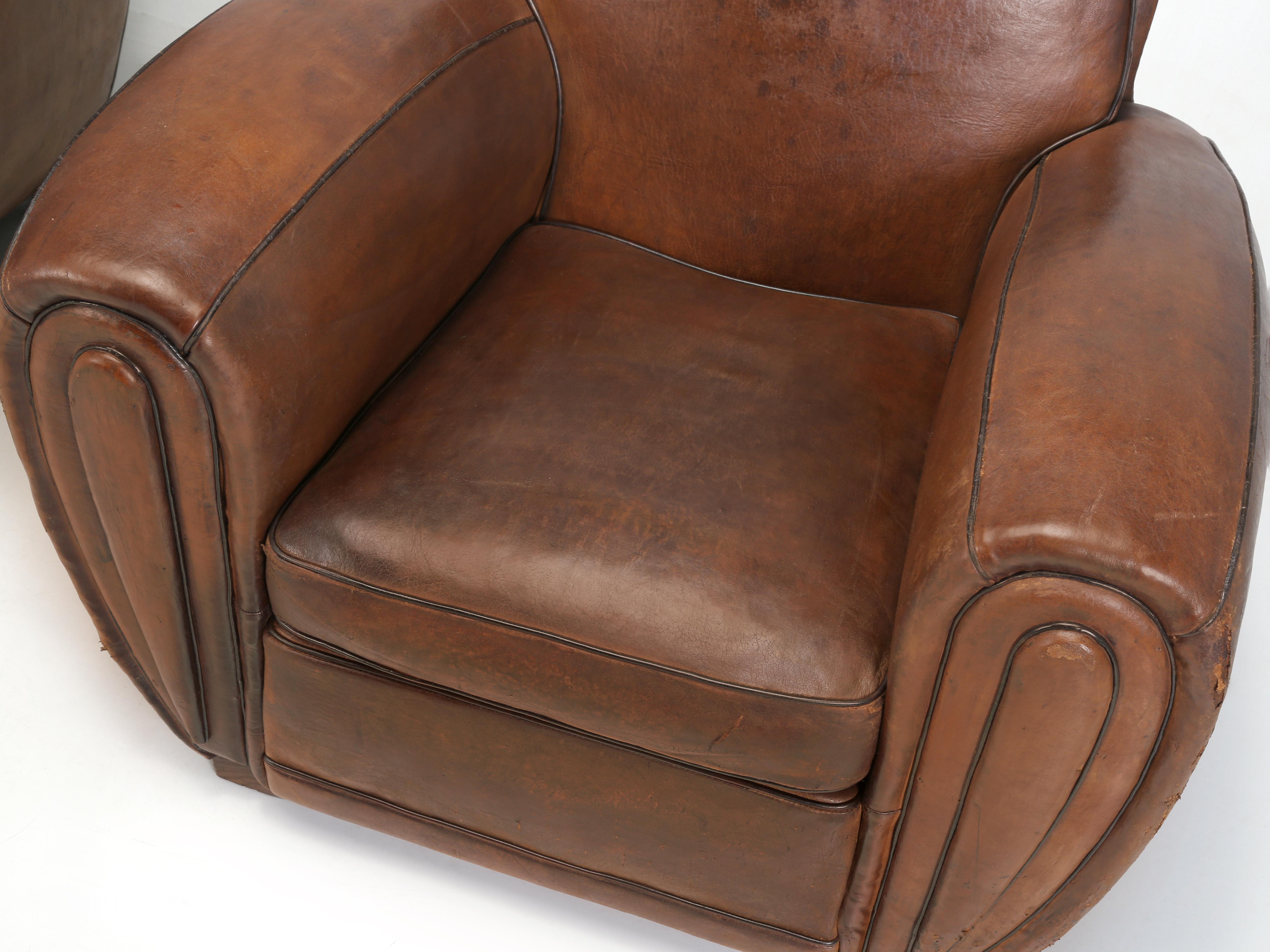French Art Deco Pair of Club Chairs Original Leather Restored Internally, 1930s  2
