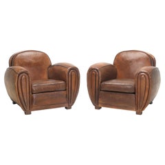 French Art Deco Pair of Club Chairs Original Leather Restored Internally, 1930s 